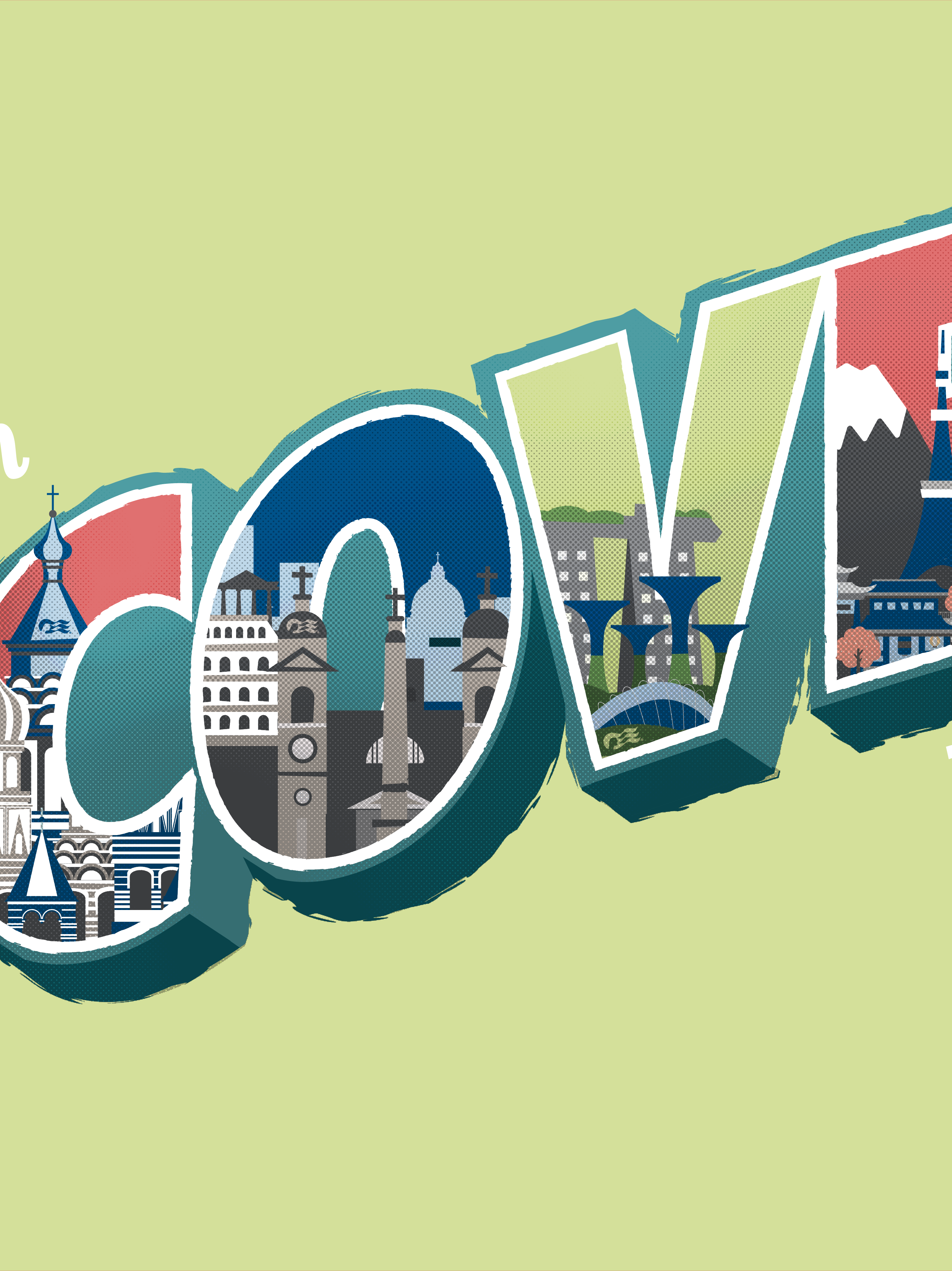 Close-up of the “COV” section of the mural’s Discovery lettering, featuring layered global landmarks like cathedrals, towers, and pagodas in a textured, illustrated style.
