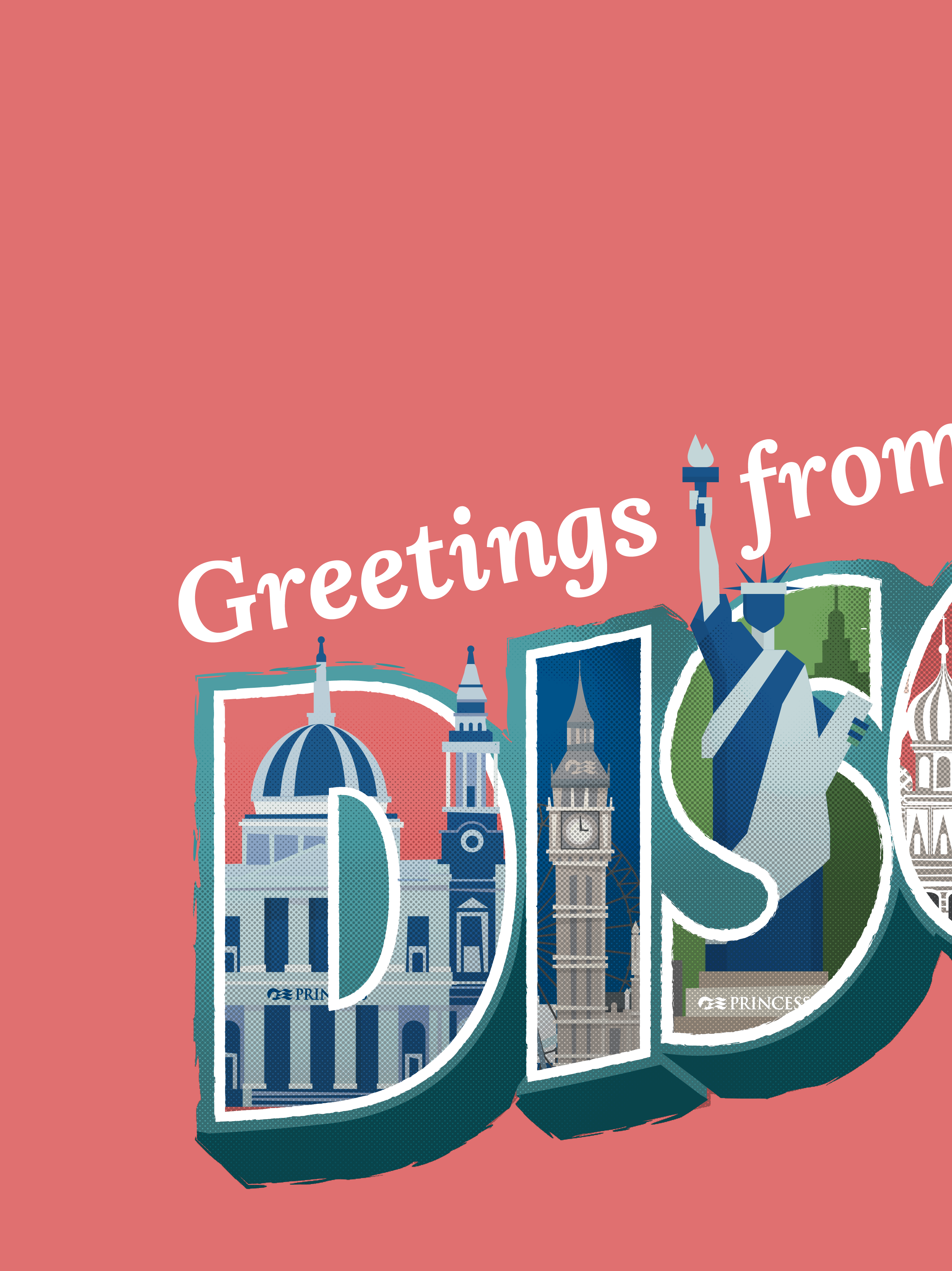 Close-up of the “DIS” section of the Discovery mural, with illustrated landmarks like the Statue of Liberty, Big Ben, and classical domed buildings integrated into postcard-style lettering.
