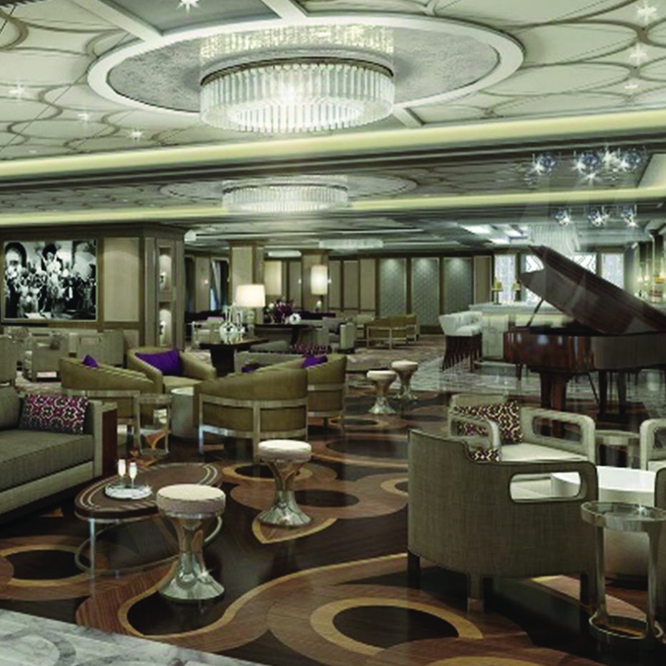 Elegant jazz lounge interior for Princess Cruises’ Take 5 venue featuring plush seating, patterned wood flooring, chandeliers, and a grand piano, evoking a sophisticated and welcoming jazz club ambiance.
