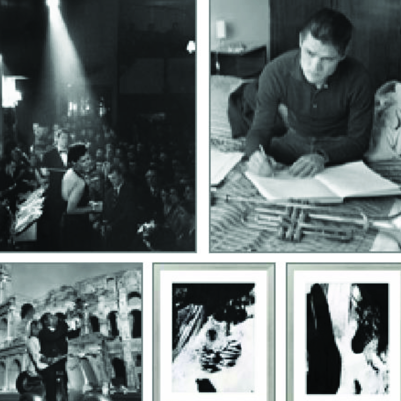 Black and white collage featuring jazz musicians performing, a man writing music next to a trumpet, and framed abstract artworks, highlighting jazz storytelling and cultural nostalgia for venue inspiration.

