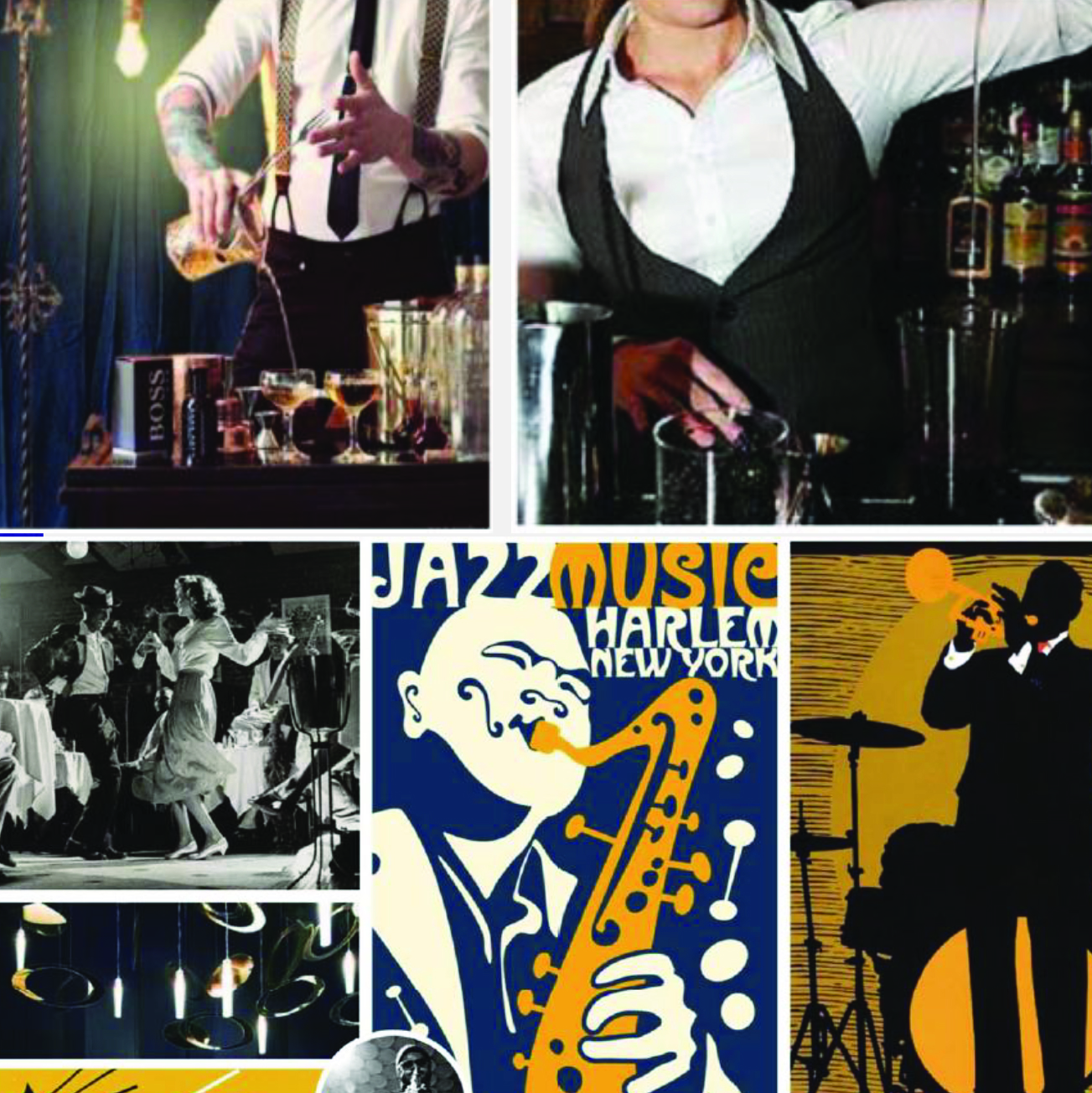 Collage of jazz bar and music illustrations including bartenders in vintage attire, Harlem jazz posters, and dancers, reflecting the energetic, cultural, and historic roots of jazz for the Take 5 venue concept.

