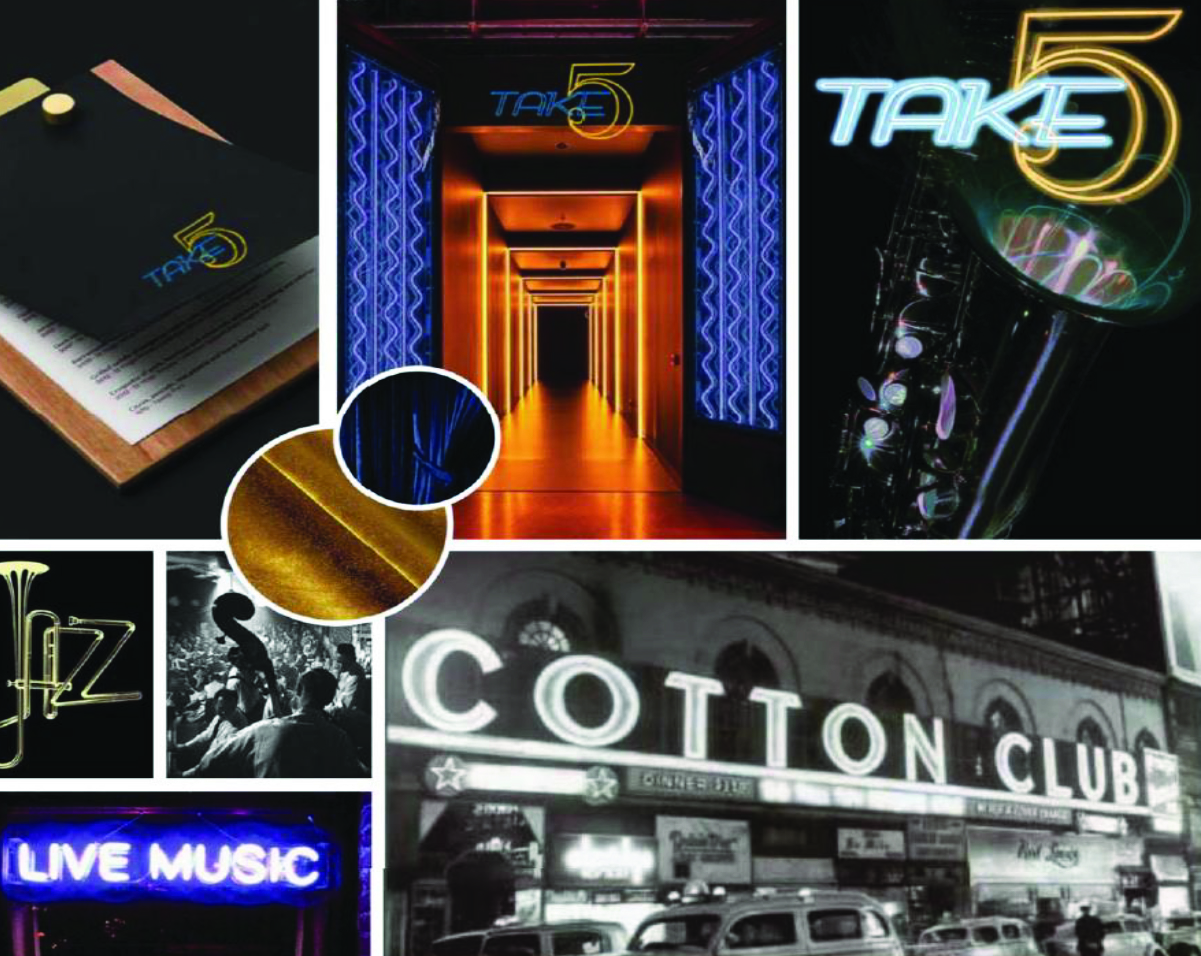 Mood board for Take 5 jazz lounge logo design showing neon signage, music-themed imagery, golden textures, and historic Cotton Club photography, capturing jazz heritage and vibrant branding inspiration.

