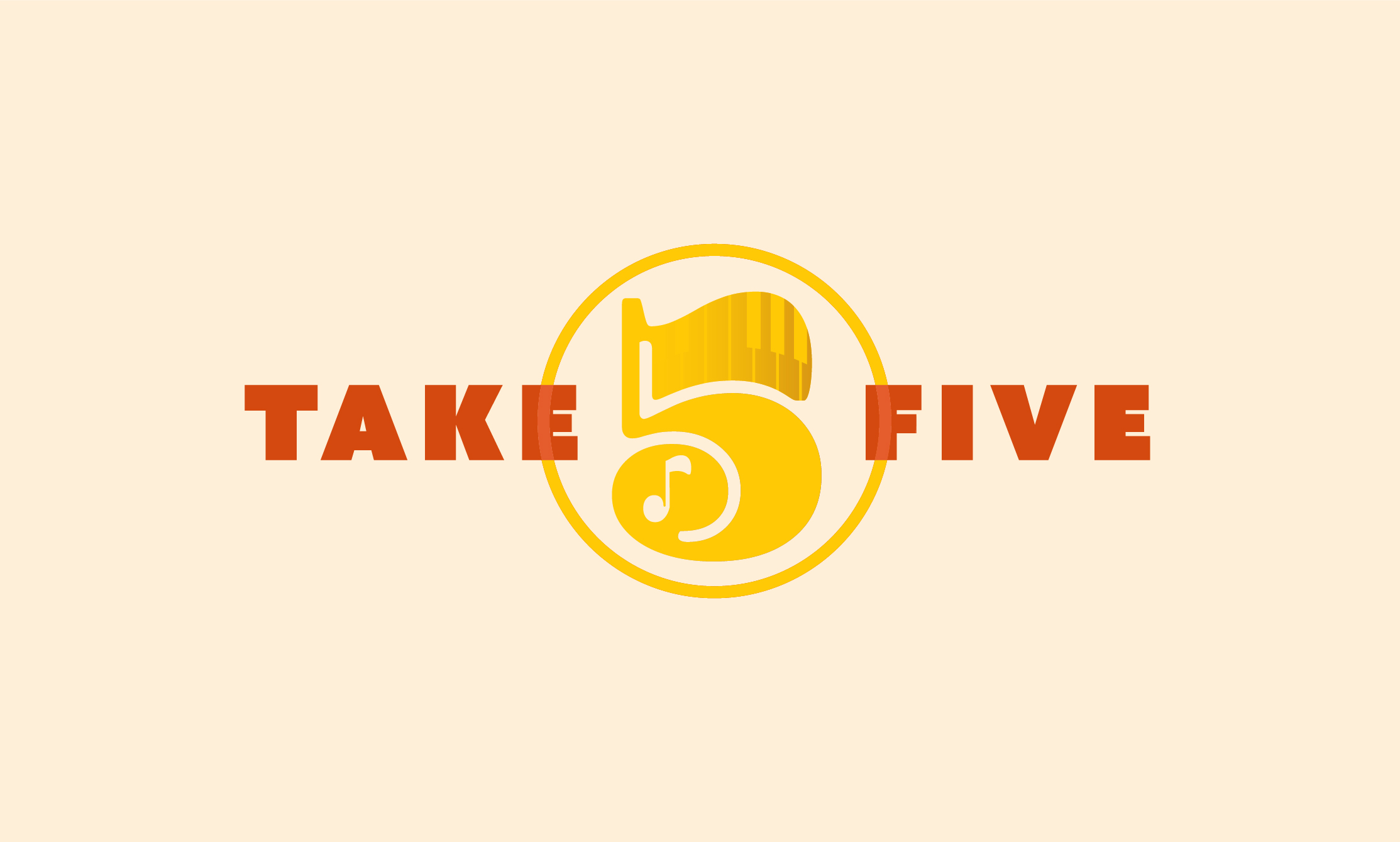 Take 5 Jazz Lounge logo variation with bright red and gold hues, stylized number 5 incorporating piano keys and a musical note tail, paired with geometric “Take Five” typography for an energetic brand identity.
