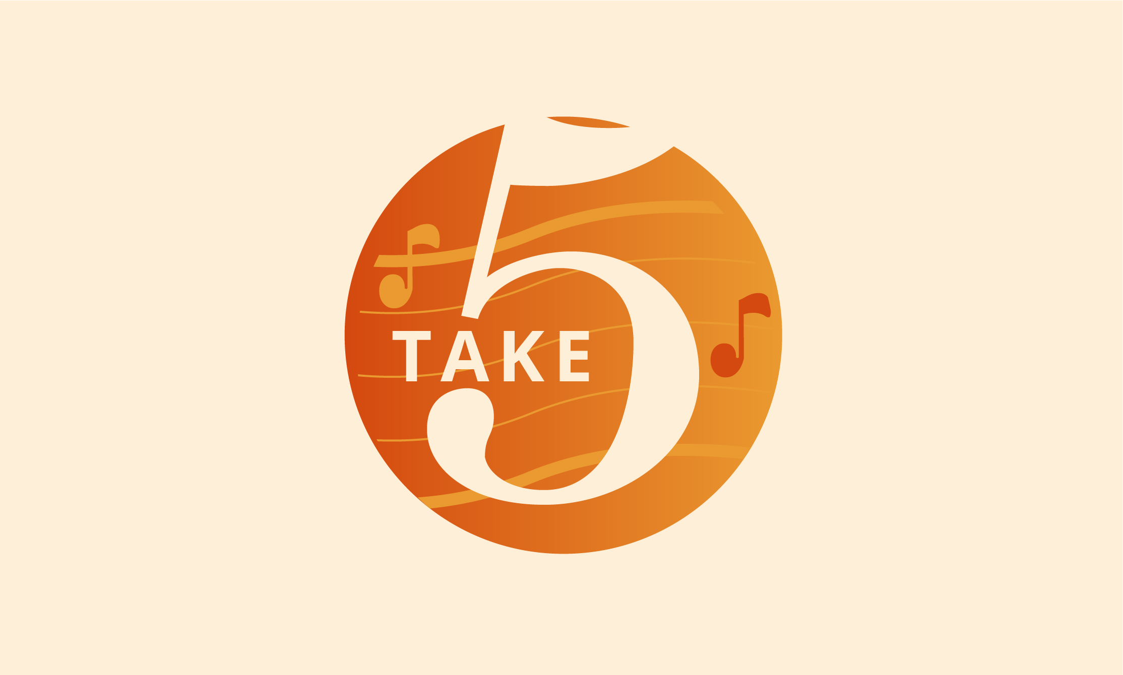 Logo exploration for Take 5 featuring an orange circular design with a large stylized white number 5, musical notes, and subtle wave staff lines to convey warmth and jazz ambiance.
