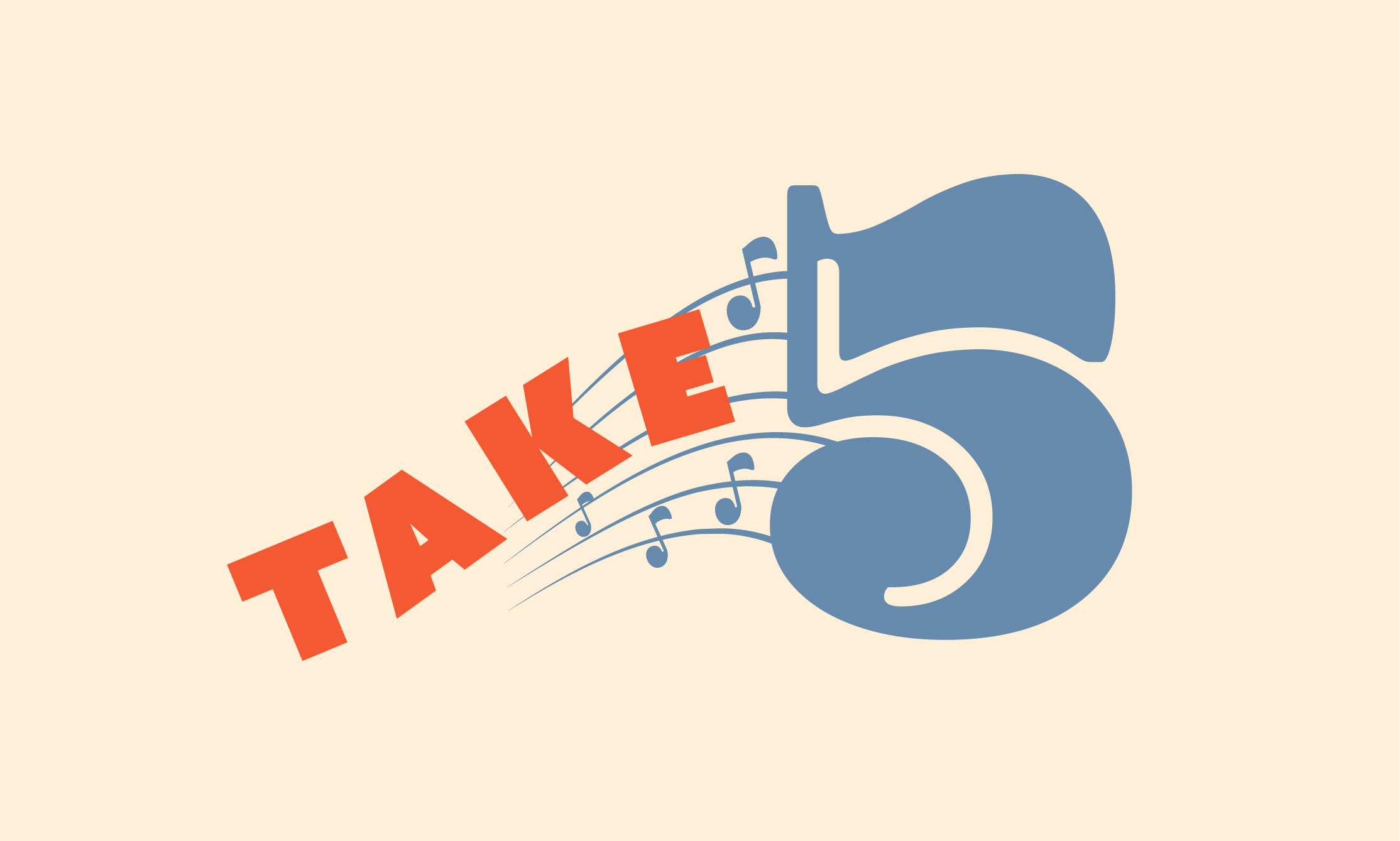 Logo exploration for Take 5 featuring a blue and red color scheme, bold “Take” typography, large stylized number 5, and dynamic music staff with notes to evoke jazz rhythm and motion.
