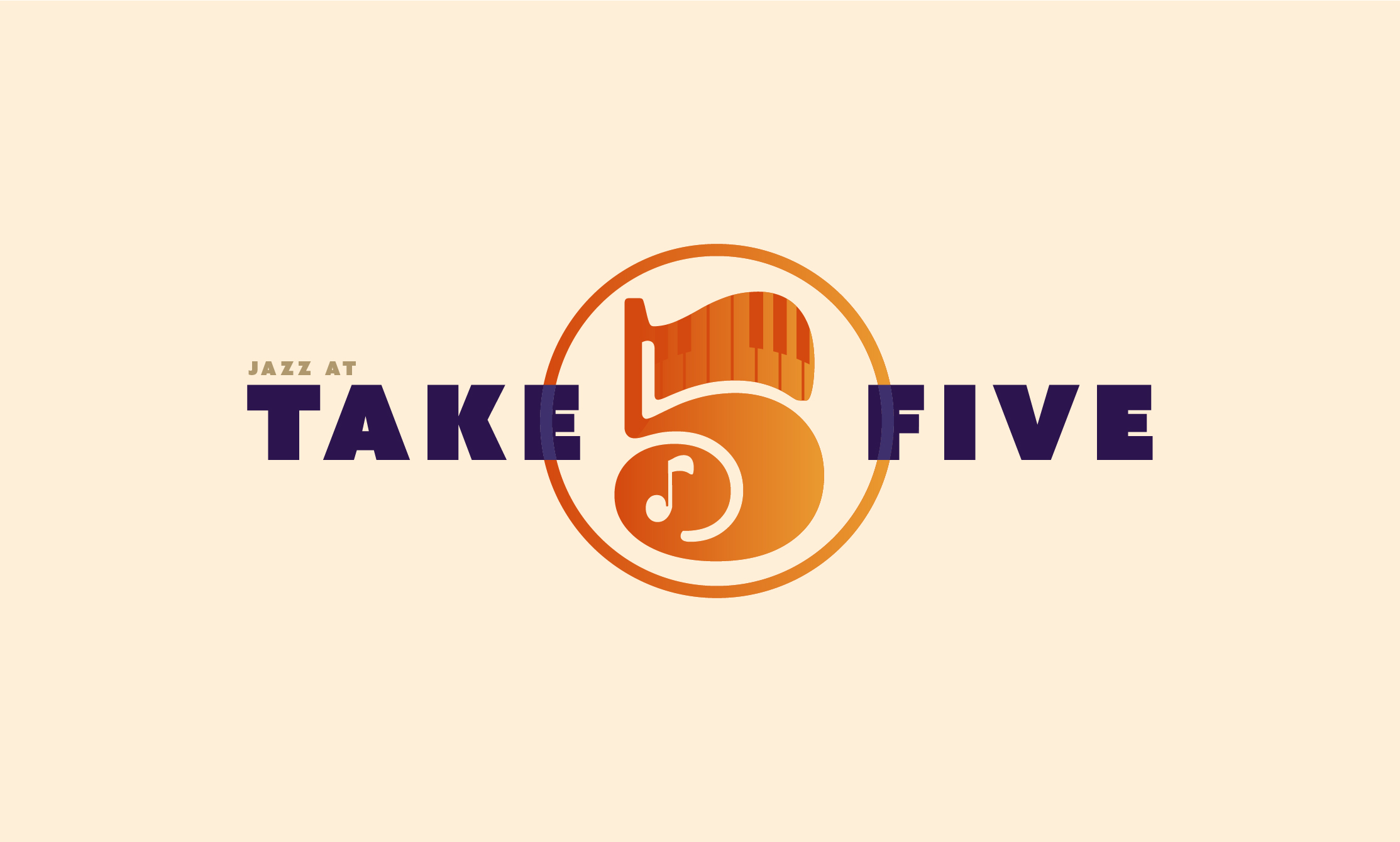 Final concept logo for Take 5 Jazz Lounge featuring bold purple “Take Five” typography with “Jazz At” in muted gold, and a stylized orange number 5 integrating piano keys and a music note tail within a circular design, reflecting an elegant and vibrant jazz lounge brand identity.