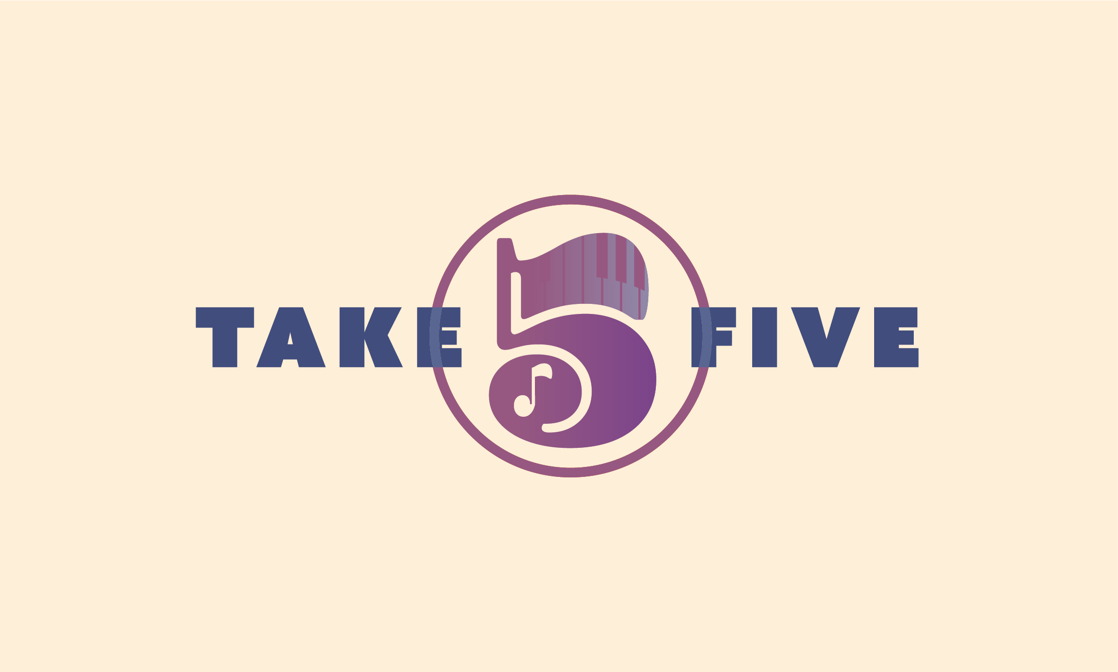 Take 5 Jazz Lounge logo concept featuring muted purple and navy tones with bold “Take Five” typography framing a stylized number 5 that integrates piano keys and a music note tail within a circular design, reflecting an elegant and modern jazz branding aesthetic.
