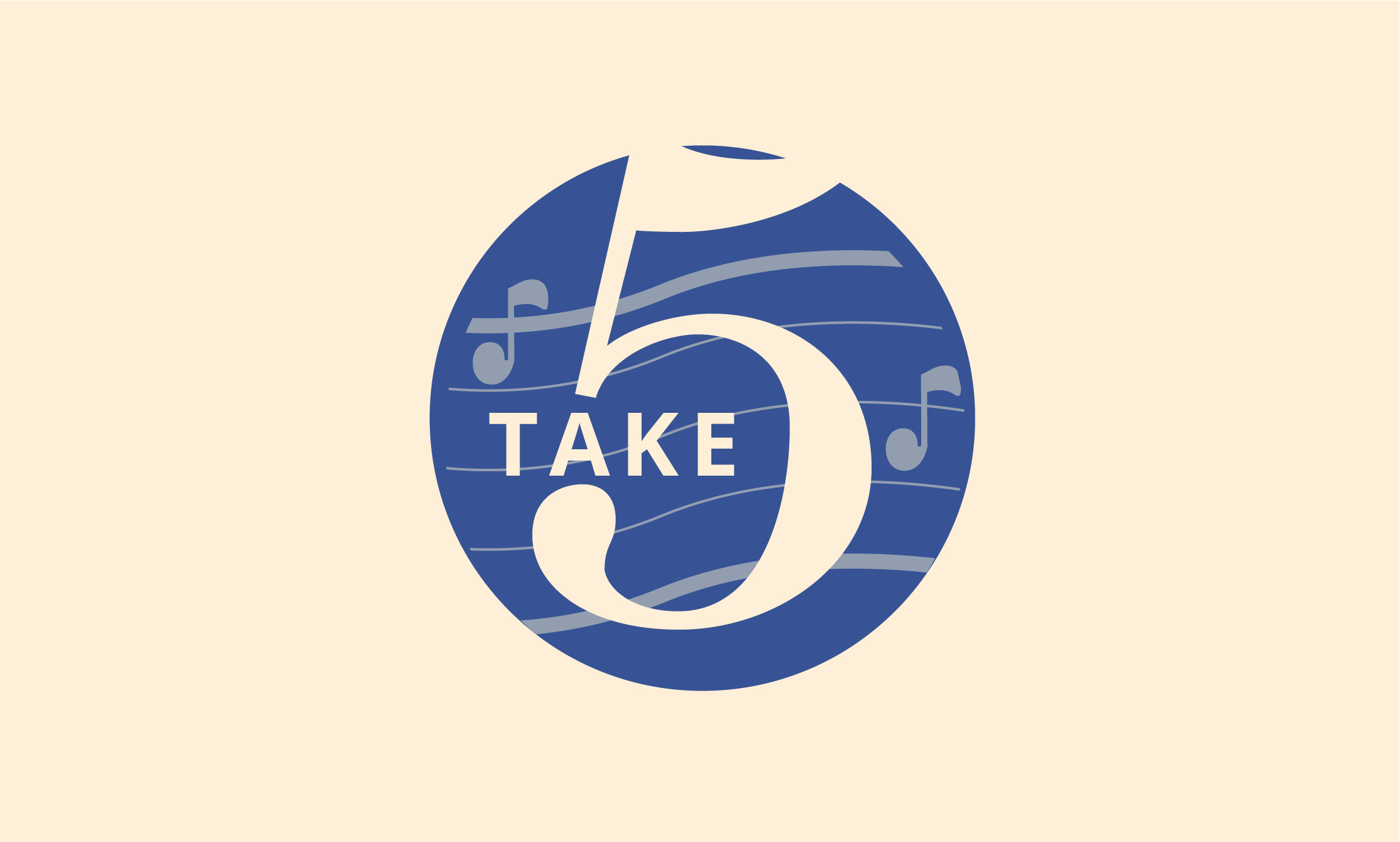Logo exploration for Take 5 Jazz Lounge featuring a blue circular design with a large stylized white number 5, the word “Take,” musical notes, and wave-like staff lines creating a classic jazz motif.
