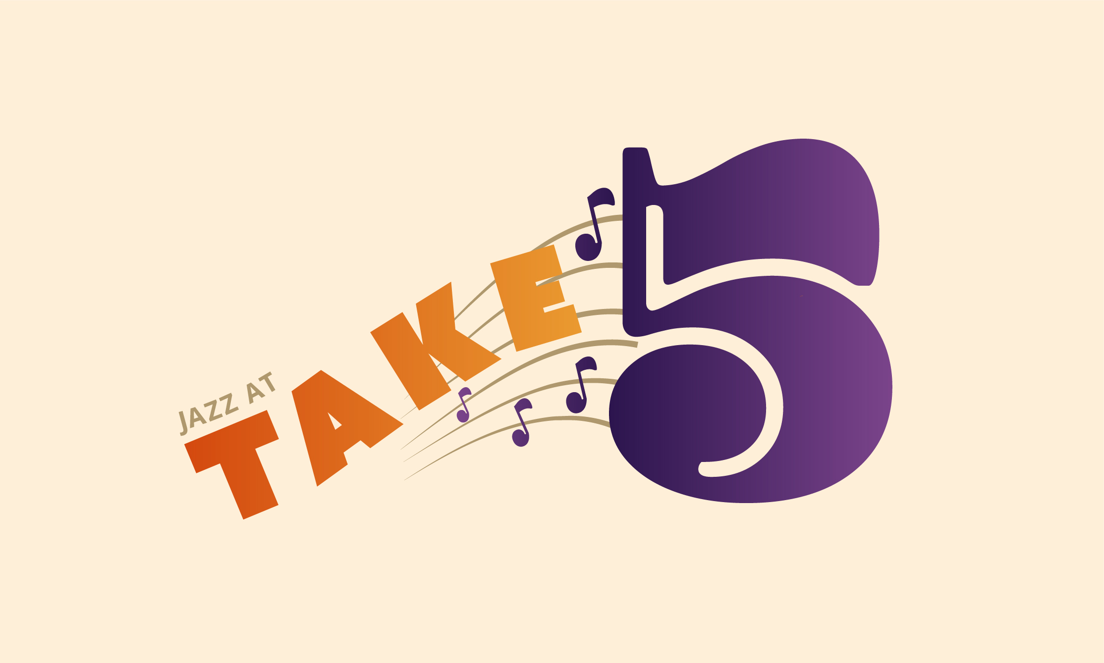 Take 5 Jazz Lounge logo variation in dark purple and red hues with a circular design, stylized white number 5, the word “Take,” and surrounding music notes and staff lines evoking jazz movement.
