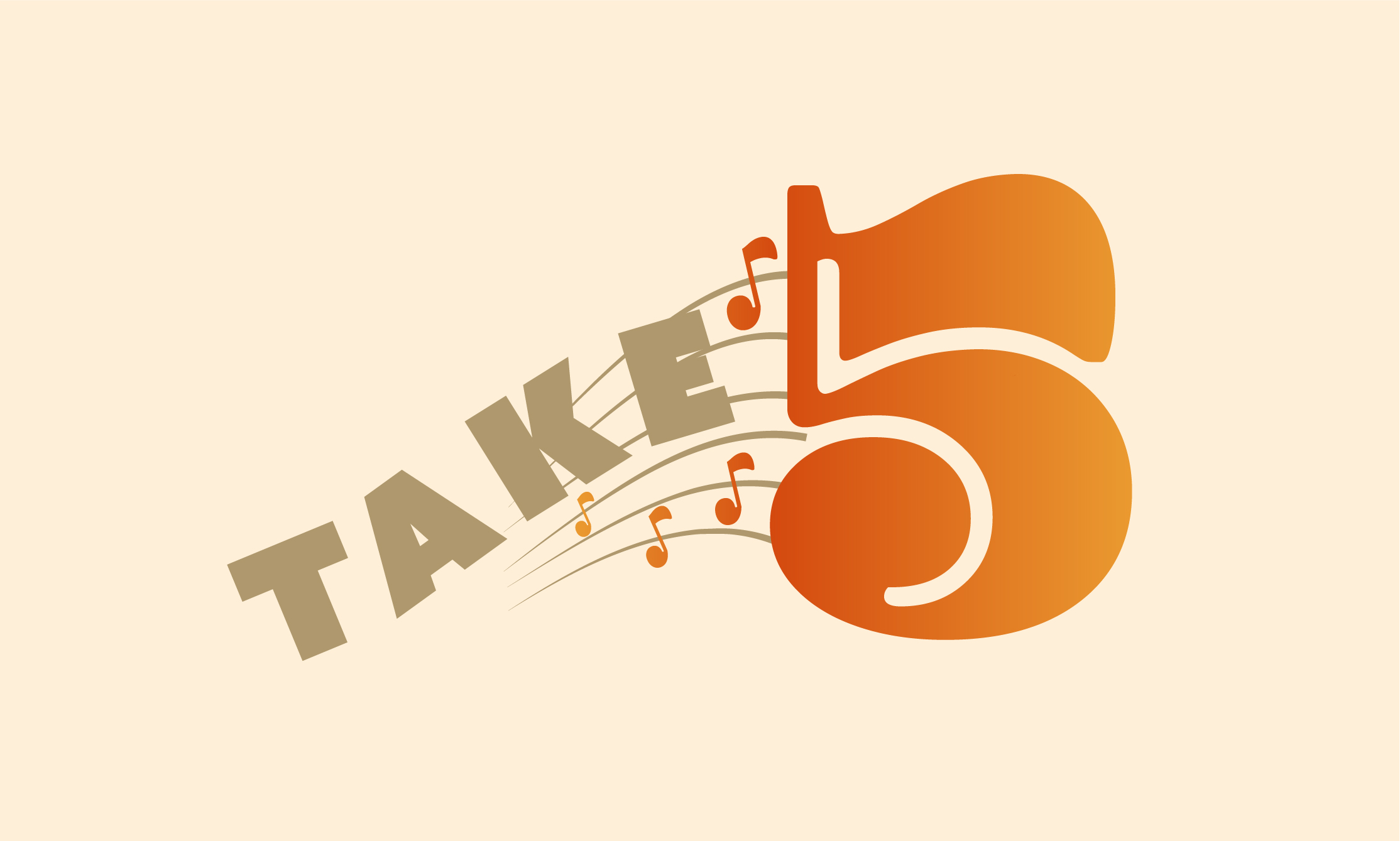 Take 5 Jazz Lounge logo variation using purple and orange gradient tones, featuring “Jazz at Take 5” with musical notes along staff lines emphasizing vibrancy and contemporary jazz energy.

