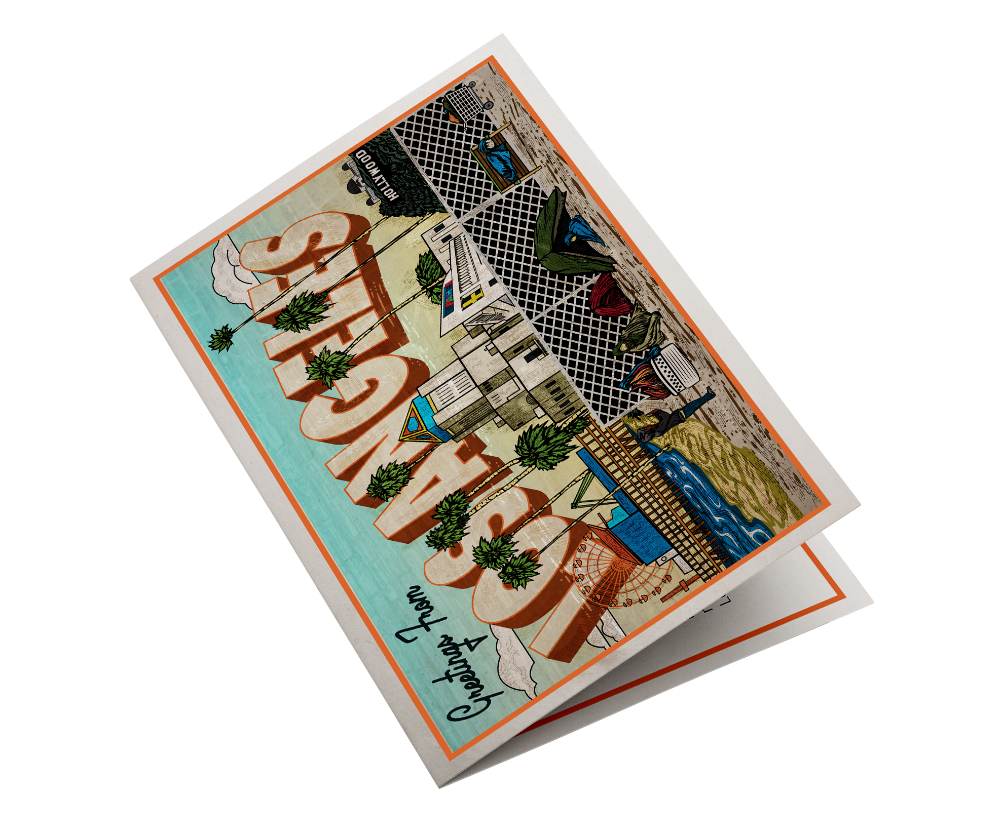 Angled photo mockup of the folded Los Angeles postcard from the PATH “Making It Home” campaign. The front design features illustrated landmarks like the Santa Monica Pier and Hollywood sign alongside scenes of homelessness, including tents and individuals sleeping outdoors. The card is partially open, highlighting its physical greeting card format.
