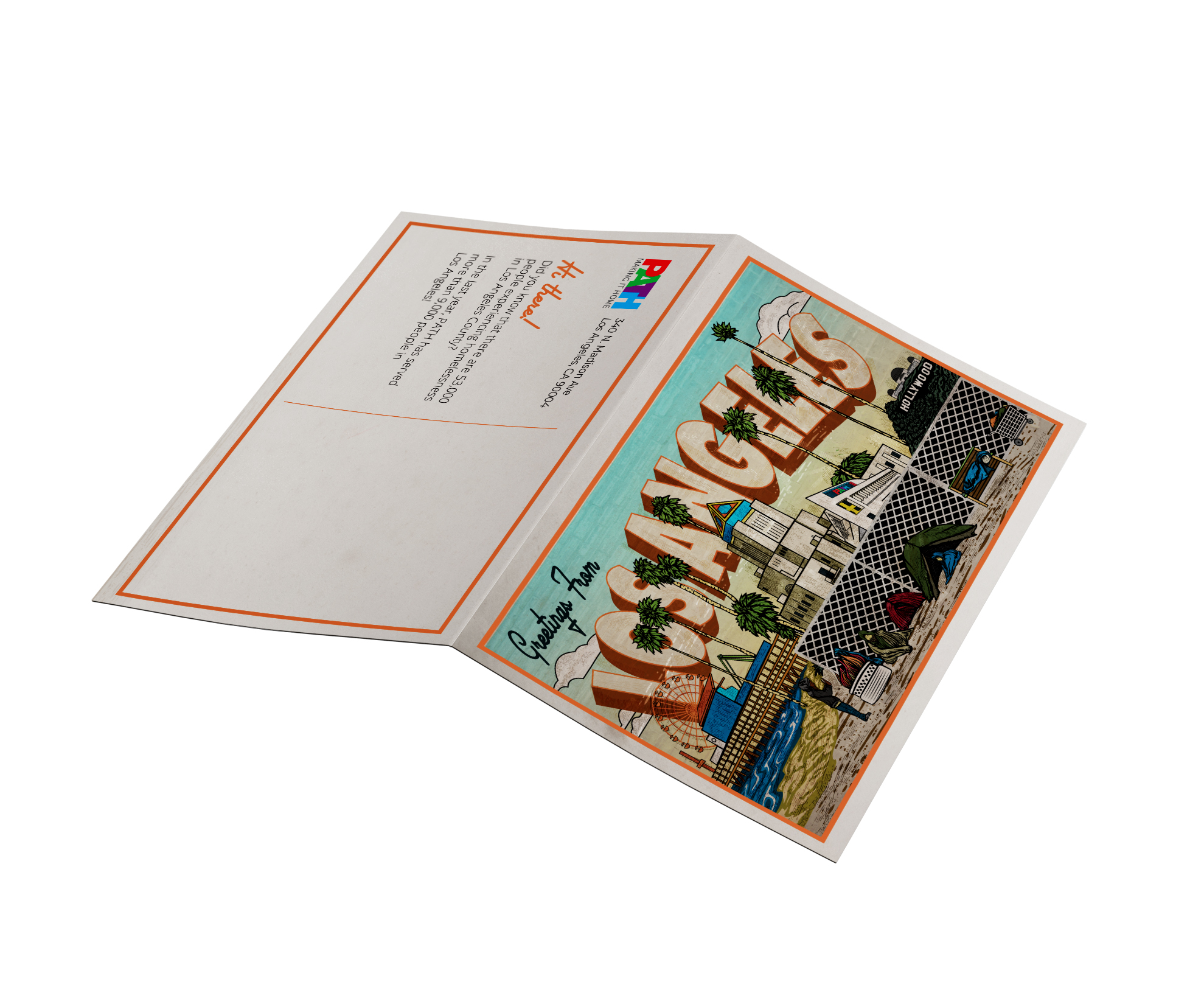 Angled mockup of the opened Los Angeles postcard from PATH’s “Making It Home” campaign, showing both the illustrated front cover and the back panel. The front features vibrant landmarks and scenes of homelessness, while the back includes a short message from PATH, a hashtag for social sharing, and space for recipient addressing, designed to mimic a traditional mailed postcard.
