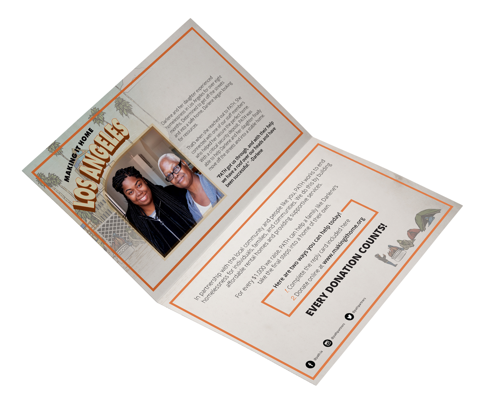 Interior view of the Los Angeles postcard from PATH’s “Making It Home” campaign, shown in an angled photo mockup. The left panel features a photo of a smiling woman and her daughter along with a printed success story about how PATH helped them transition out of homelessness. The right panel includes donation instructions and a call-to-action encouraging support, framed by orange borders and illustrated accents.
