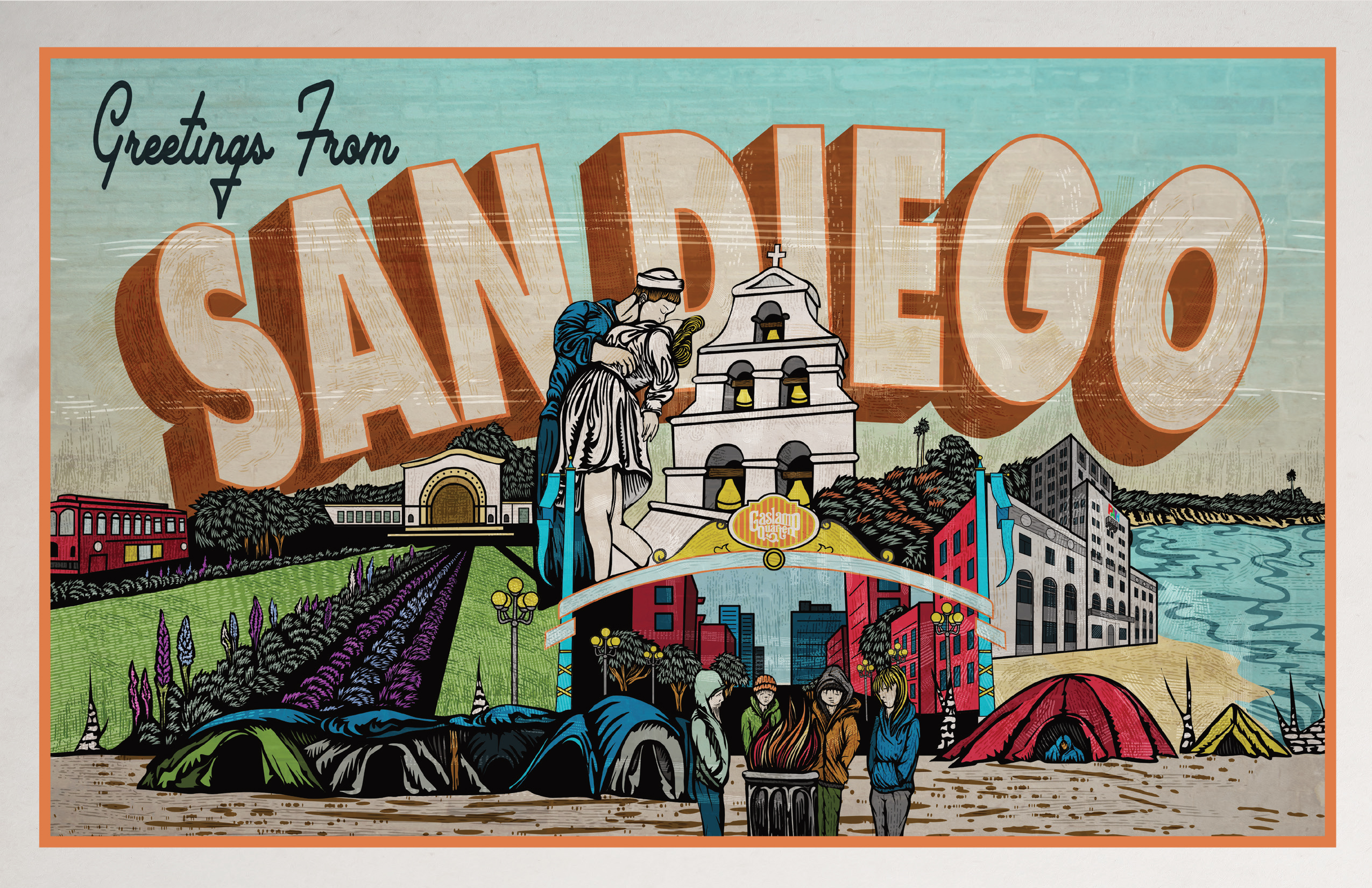 Illustrated postcard reading “Greetings From San Diego,” blending iconic sites such as the Unconditional Surrender statue, Mission San Diego de Alcalá, the Gaslamp Quarter, and coastal landscapes. The foreground includes unhoused individuals gathered around a burning barrel, tents in a field and on the beach, and the local PATH facility depicted among the downtown buildings. The piece contrasts San Diego’s beauty with the visible reality of homelessness across the city.