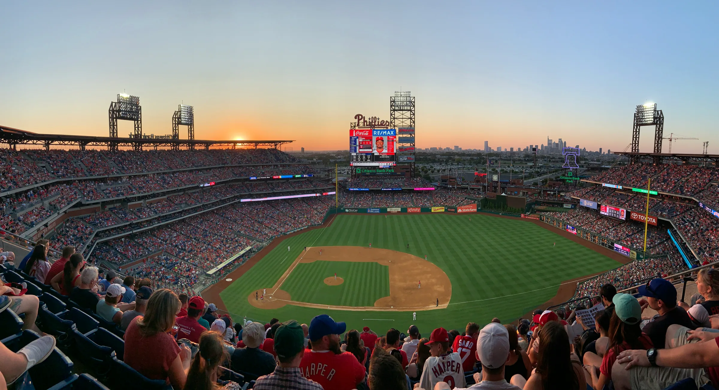 Packed crowd at Citizens Bank Park in Philadelphia at sunset