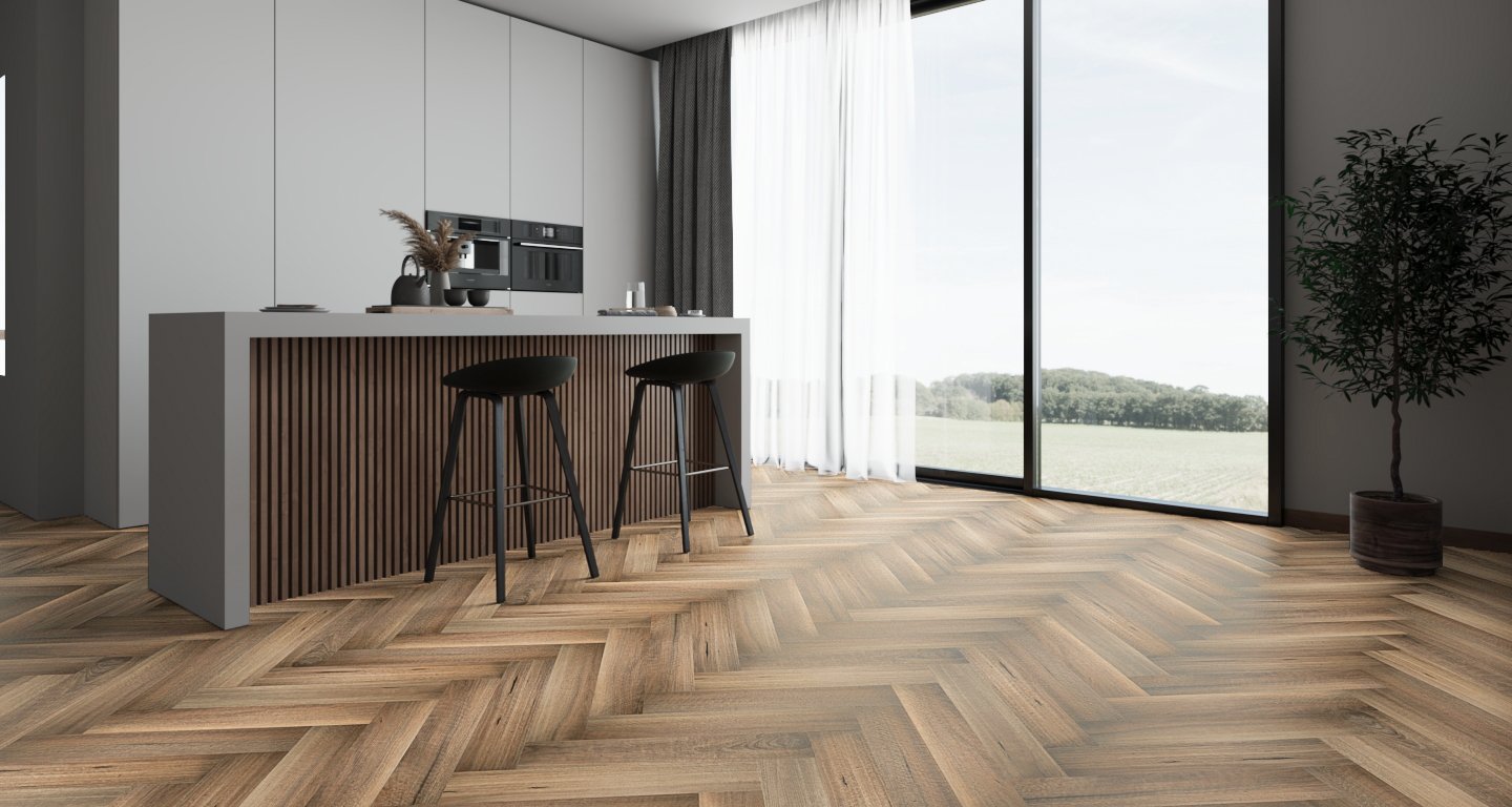 Finished dining room flooring with Sand engineered timber, featuring a soft, light finish that creates a warm and contemporary space.