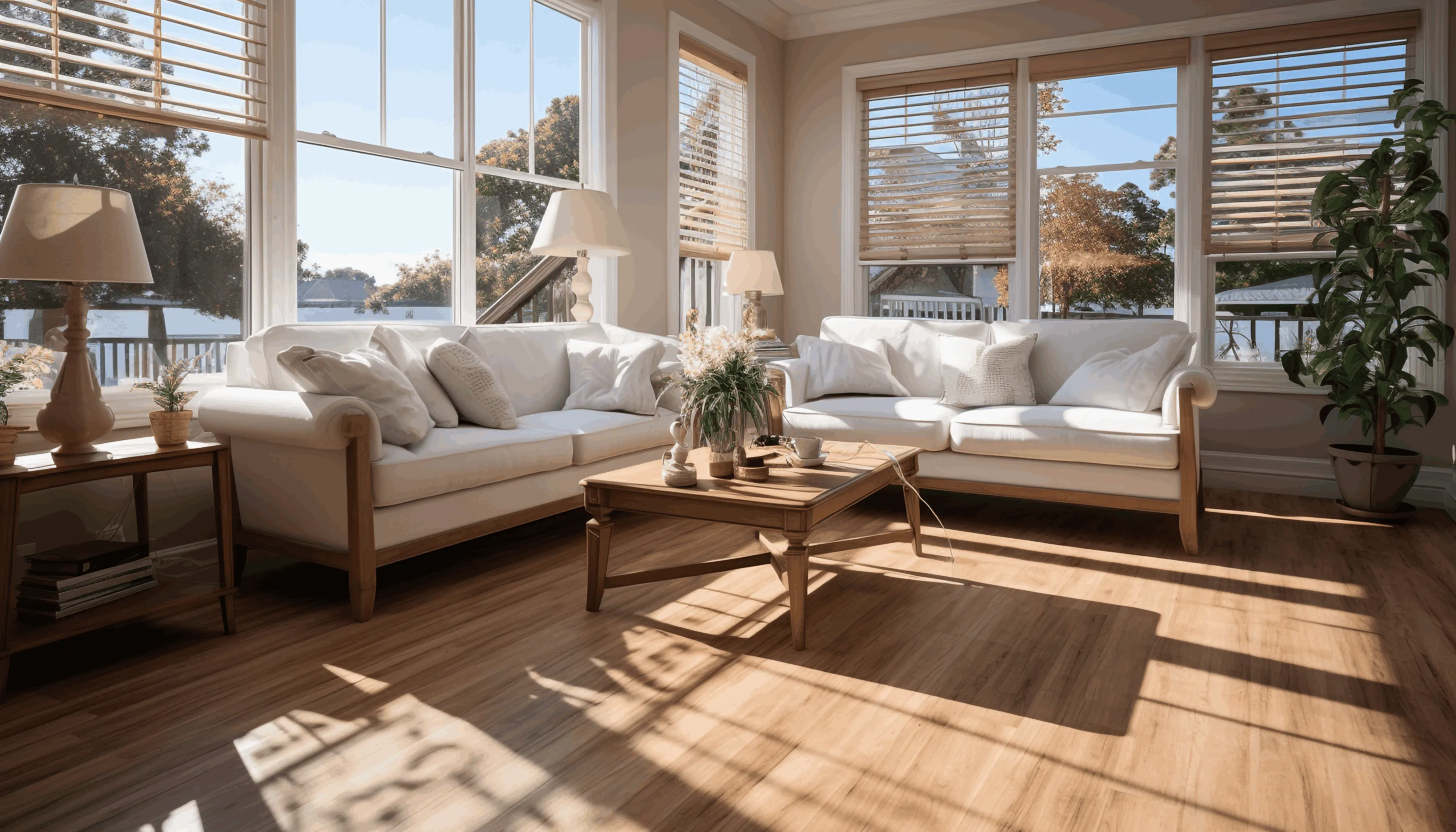 Finished straight hybrid flooring in a living room, in Desert Dune color, creating a warm and stylish ambiance.