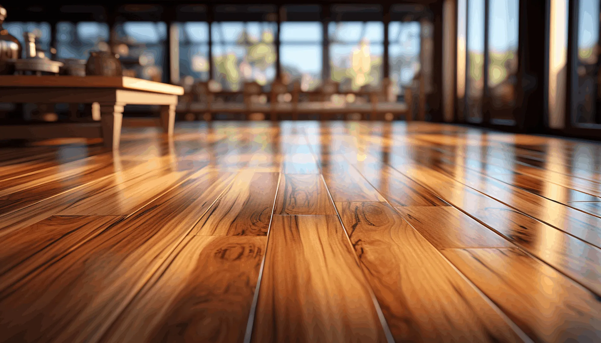 Finished straight hybrid flooring in a living room, in Warm Spotted Gum color, adding a rich and inviting feel to the space.