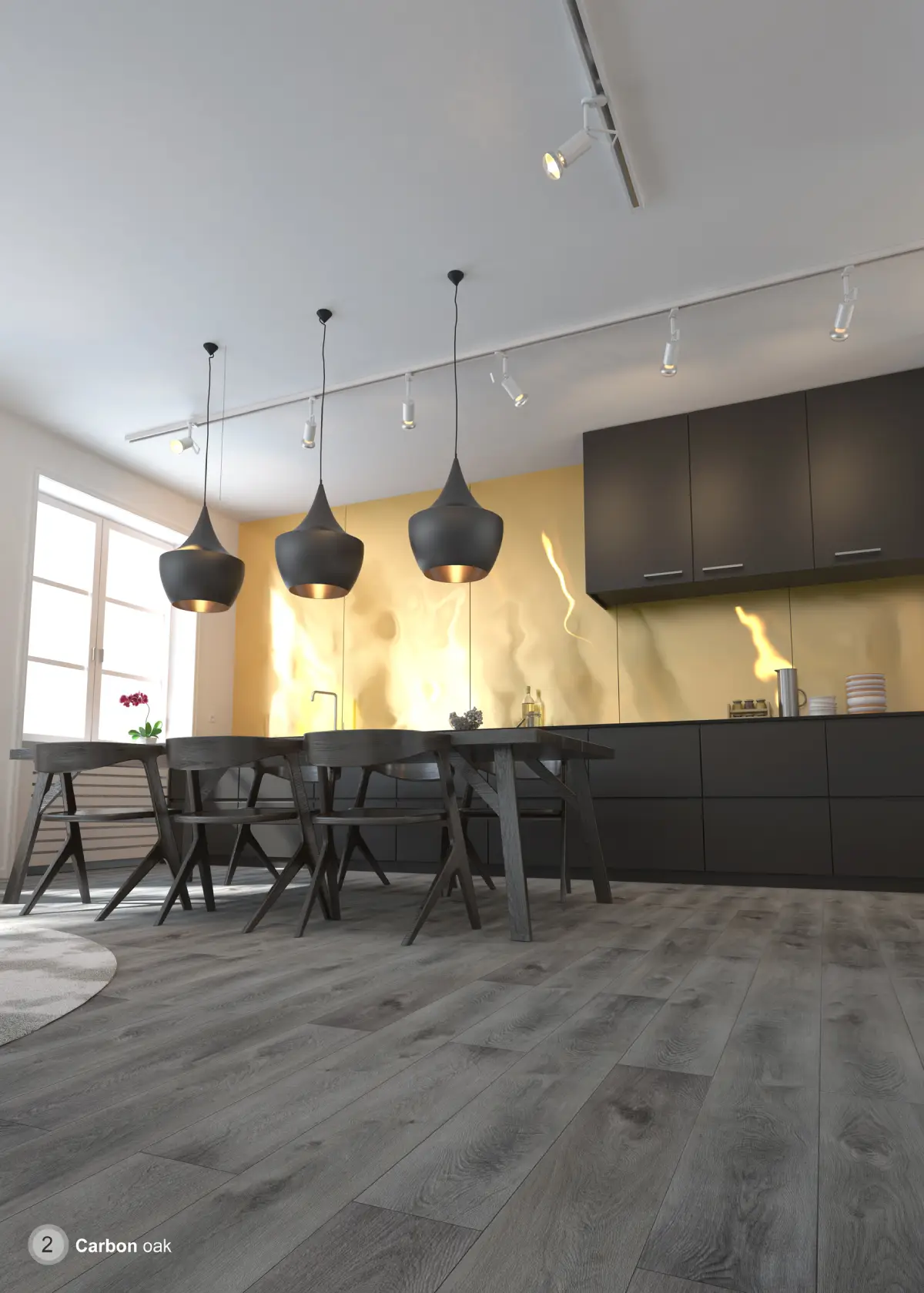 Finished dining room flooring with Vintage Grey laminate, showcasing a rustic, weathered wood-look finish that adds a timeless and elegant touch to the space.