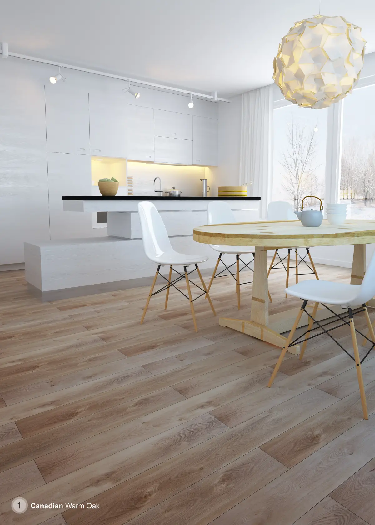 Dining room finished with Perspective laminate flooring, code C1204, featuring a light oak tone and natural grain that brightens the interior with a modern, airy style.