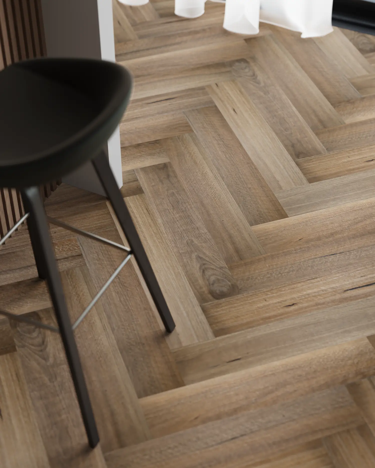 Dining room with finished herringbone hybrid flooring in Canadian Warm Oak, featuring rich golden-brown tones and elegant wood grain for a timeless look.