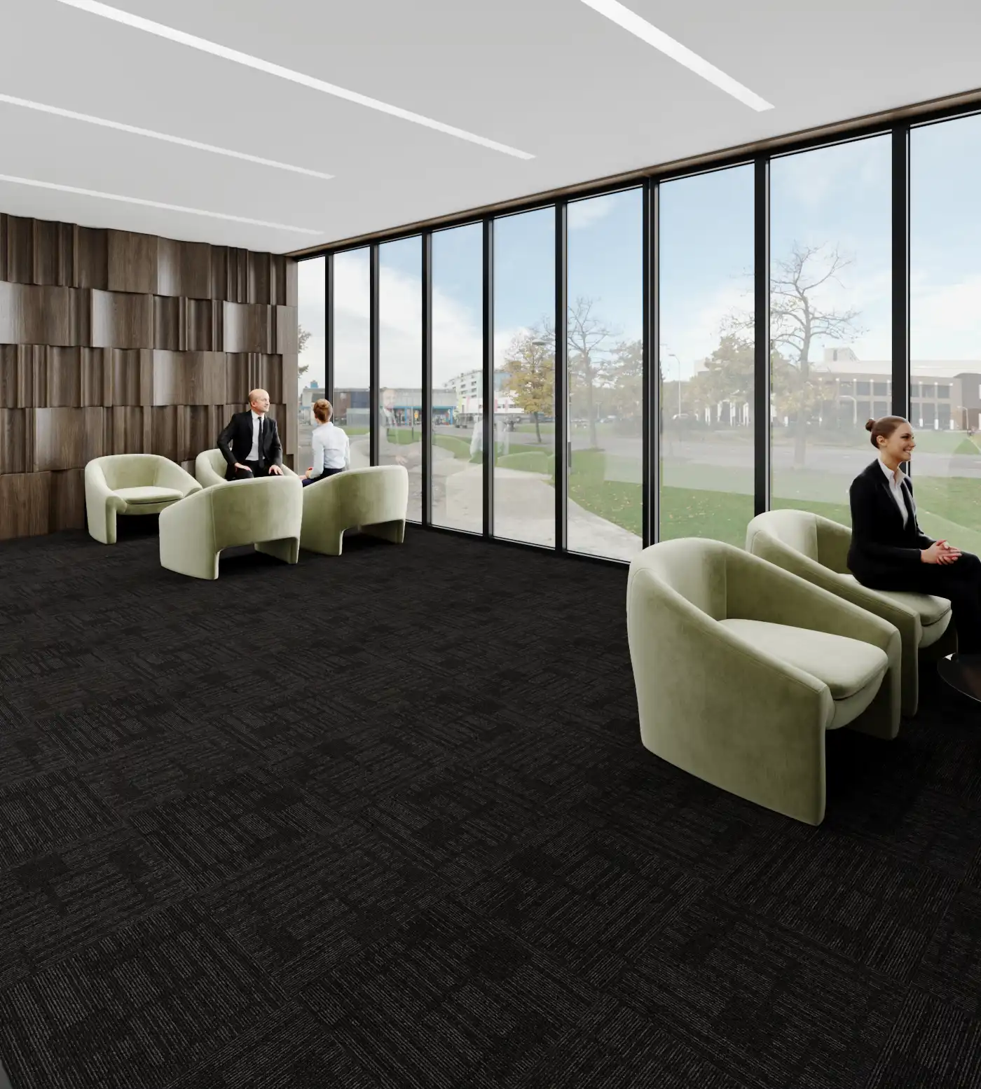 Jet Black tile carpet with a deep, rich tone, designed for a sleek and contemporary flooring style in residential or commercial spaces.