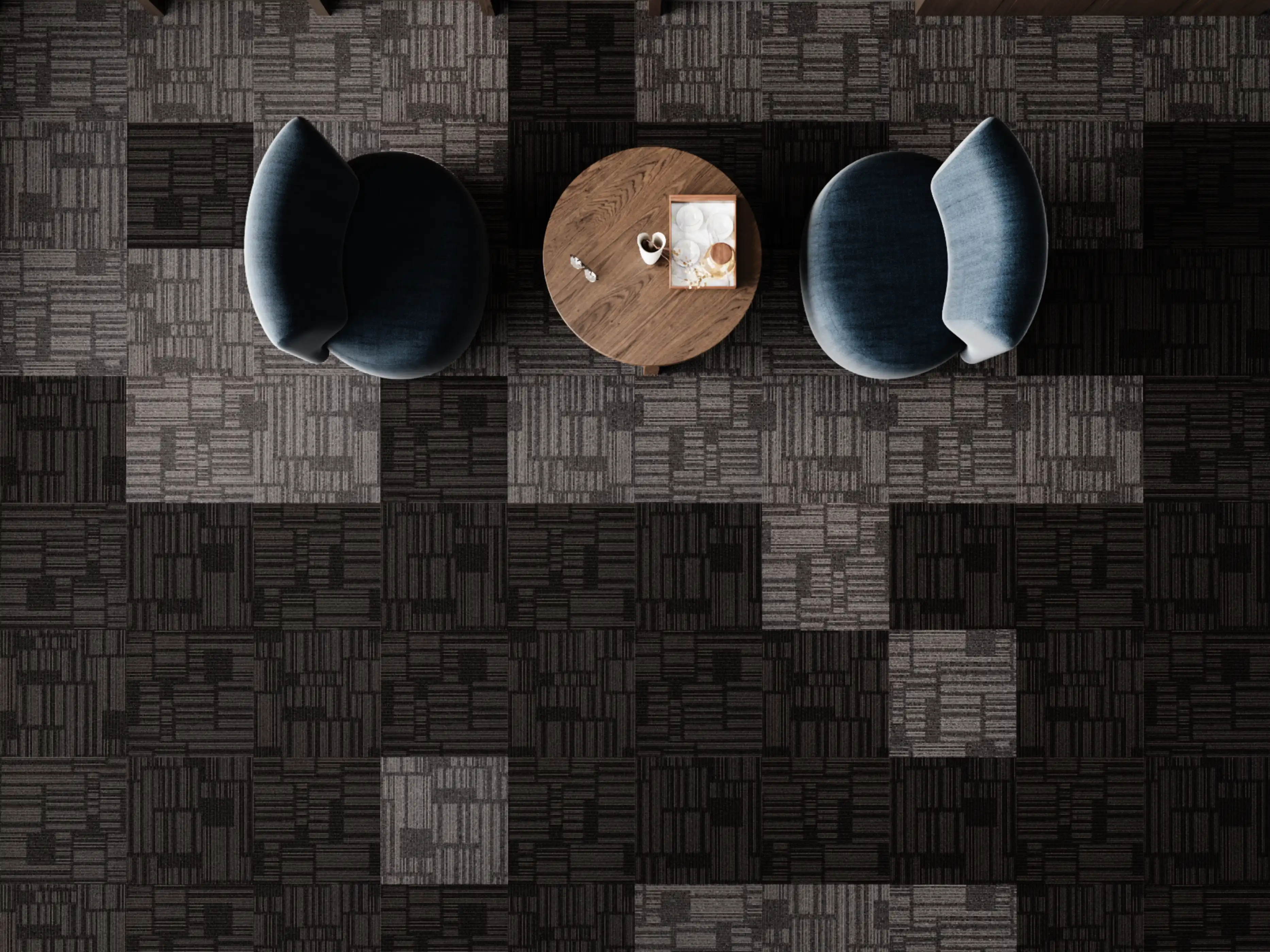 Mix of Chino and Ash Grey tile carpet, combining warm and neutral tones for a modern and versatile flooring design.