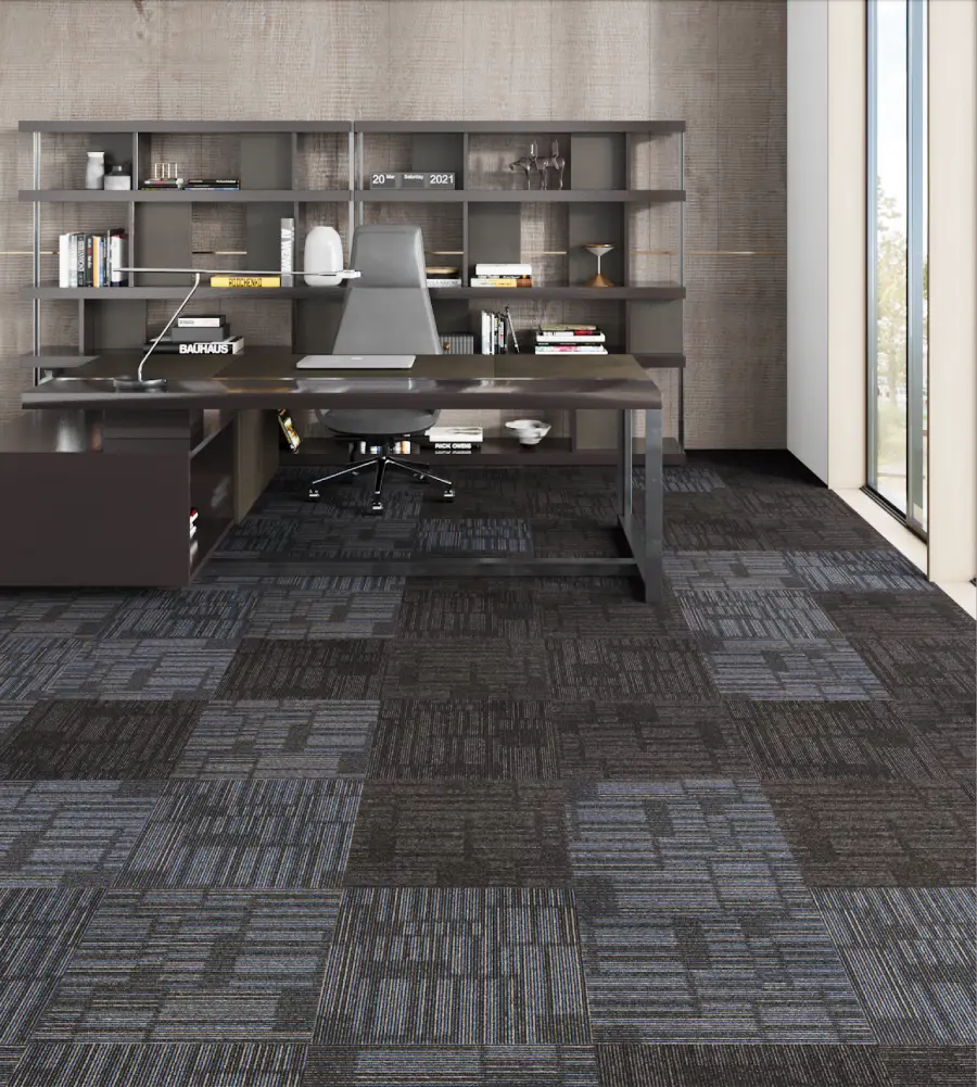 Mix of Ocean and Jet Black tile carpet, blending cool blue and deep black tones for a bold and contemporary flooring design.