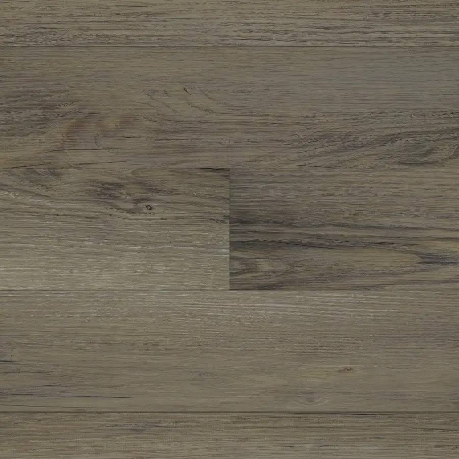 Hybrid flooring in a medium grey-brown tone with natural wood grain patterns and a matte finish, offering a modern and durable surface.