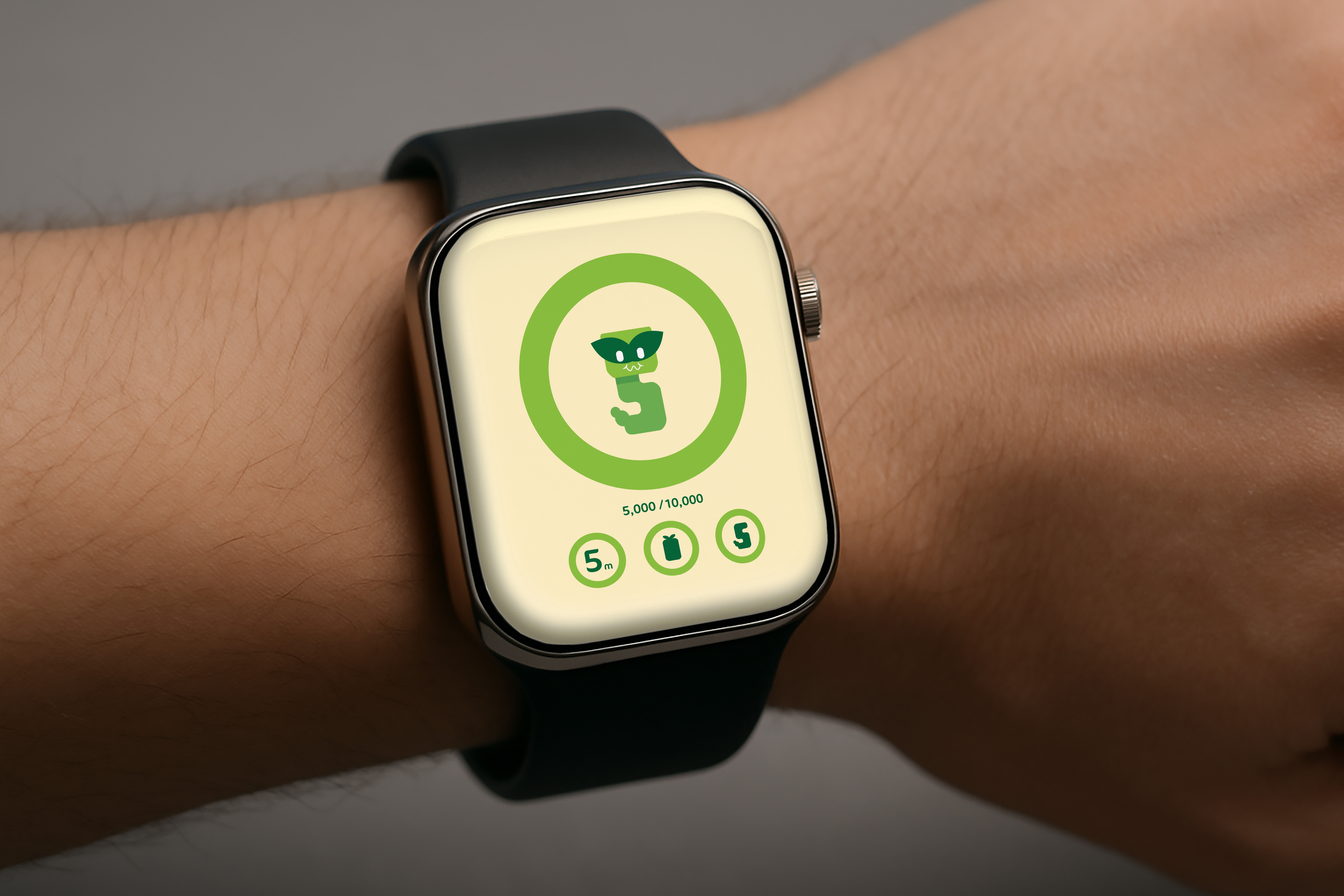 Smartwatch on wrist displaying a green exercise ring at 5,000 of 10,000 steps with three green icons below.