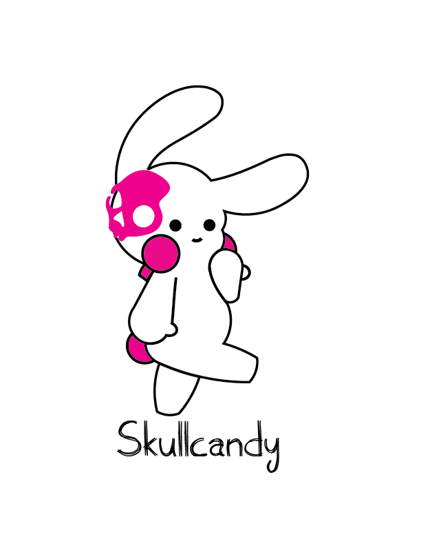 White cartoon bunny with pink skull design on the left side of its head and pink cheeks standing with one leg raised above the word 'Skullcandy'.