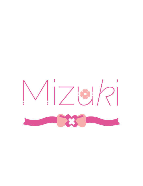 Text 'Mizuki' in pink stylized font with a small pink flower replacing the dot on the 'u' and a pink ribbon with a bow and flower underneath.