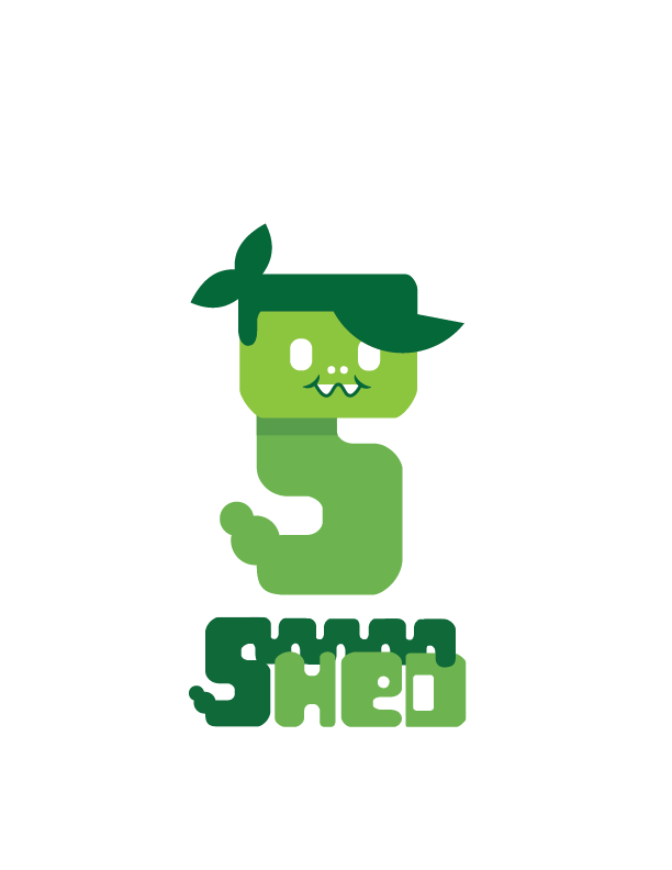 Cartoon green snake with a leafy hairband and smiling face above the text 'Shed' in stylized font.