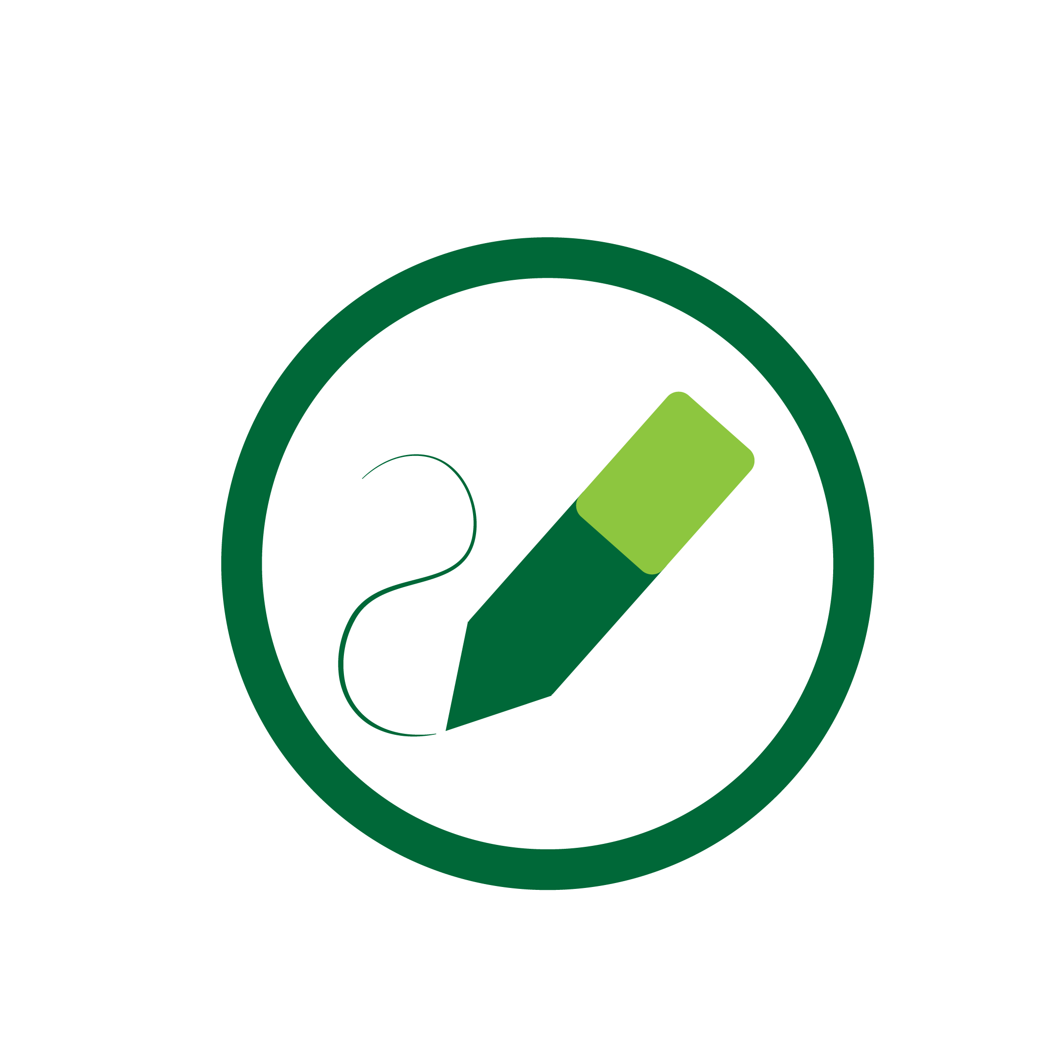 Green pencil drawing a curved line inside a white circle with a dark green border.
