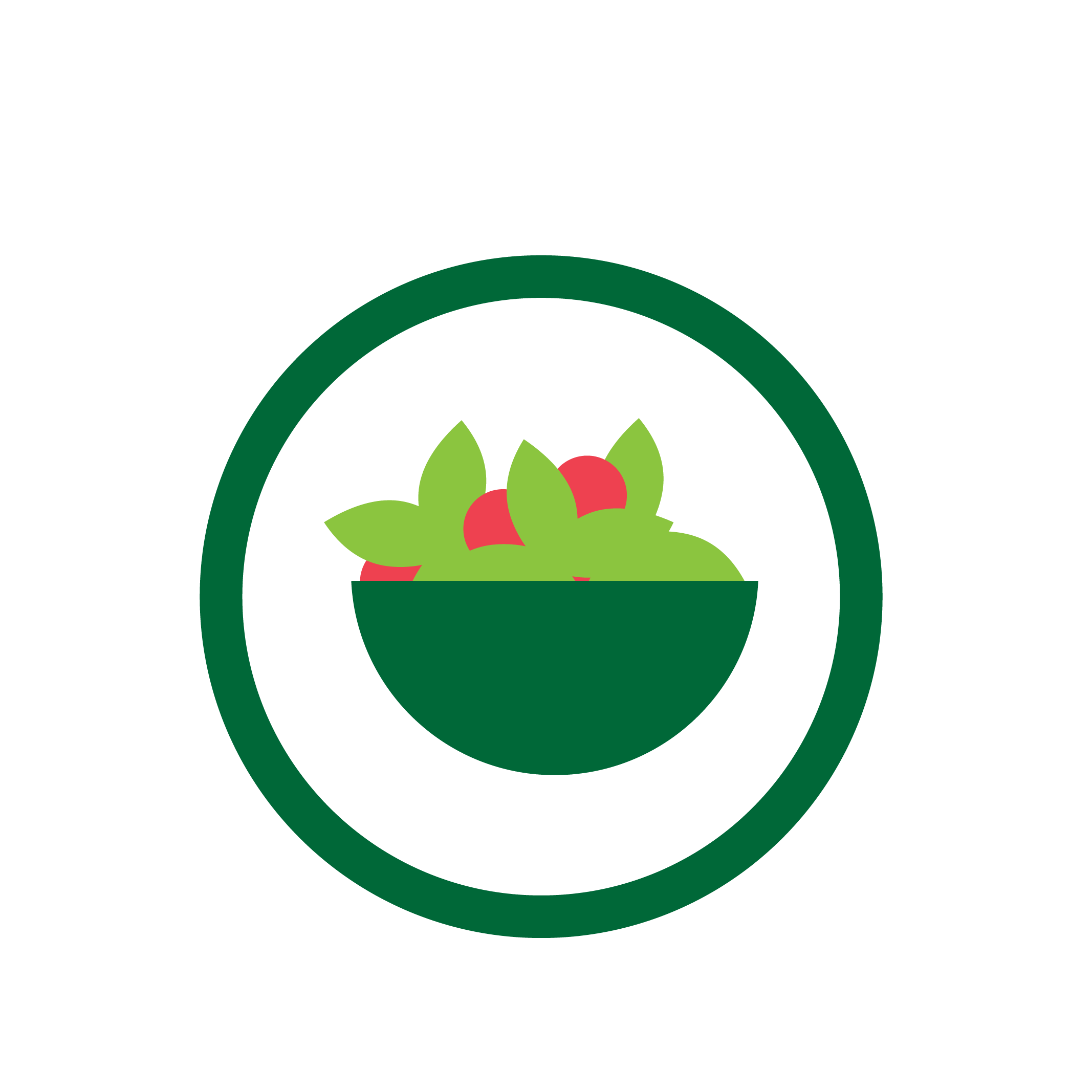 Icon of a bowl with green leaves and red berries inside, encircled by a green ring.