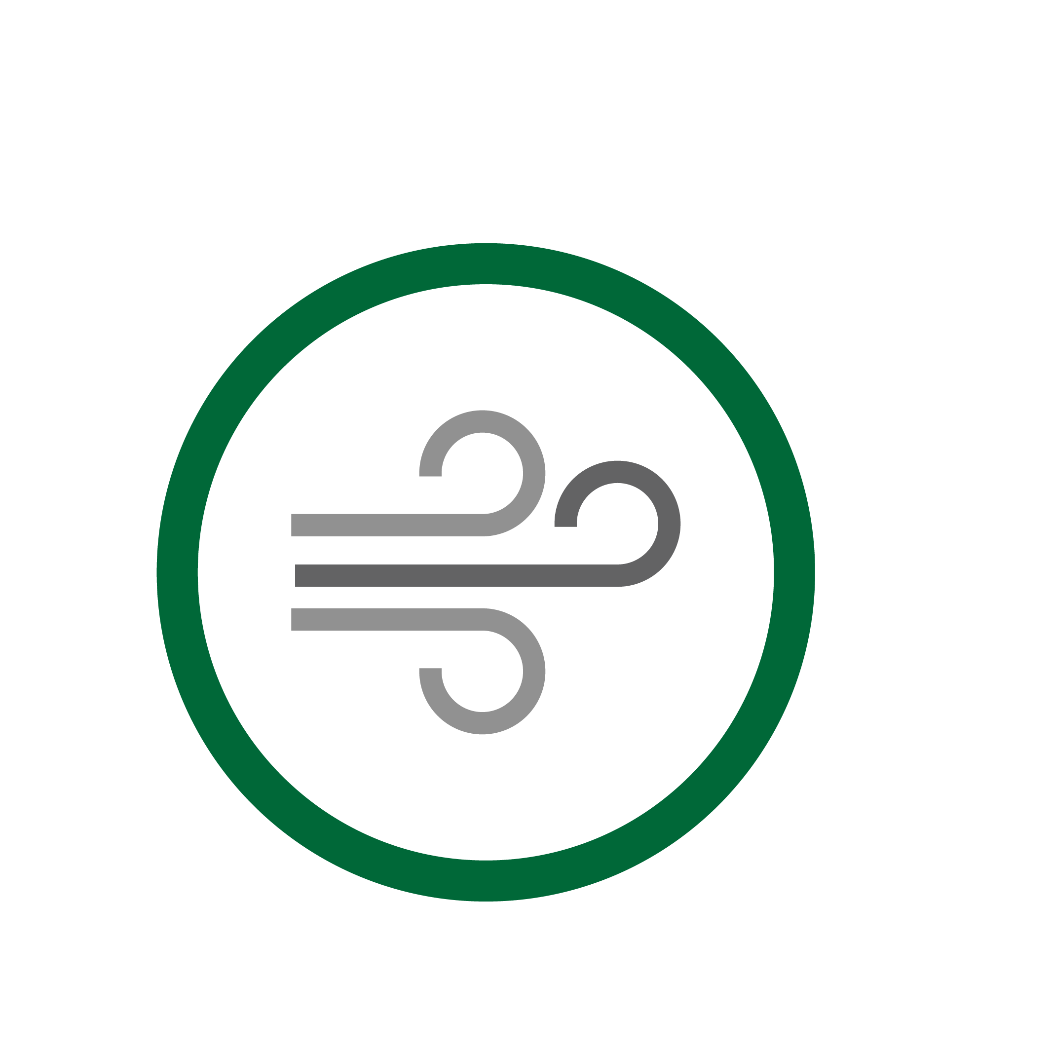 Gray wind or air flow symbol inside a white circle with a thick green border.