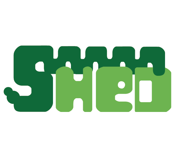 Stylized logo with the word 'SHED' in blocky letters, dark green on top and lighter green on bottom.