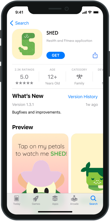 Mobile screen showing the App Store page for SHED, a health and fitness app with a 5-star rating and age 12+, featuring a green app icon and app preview.