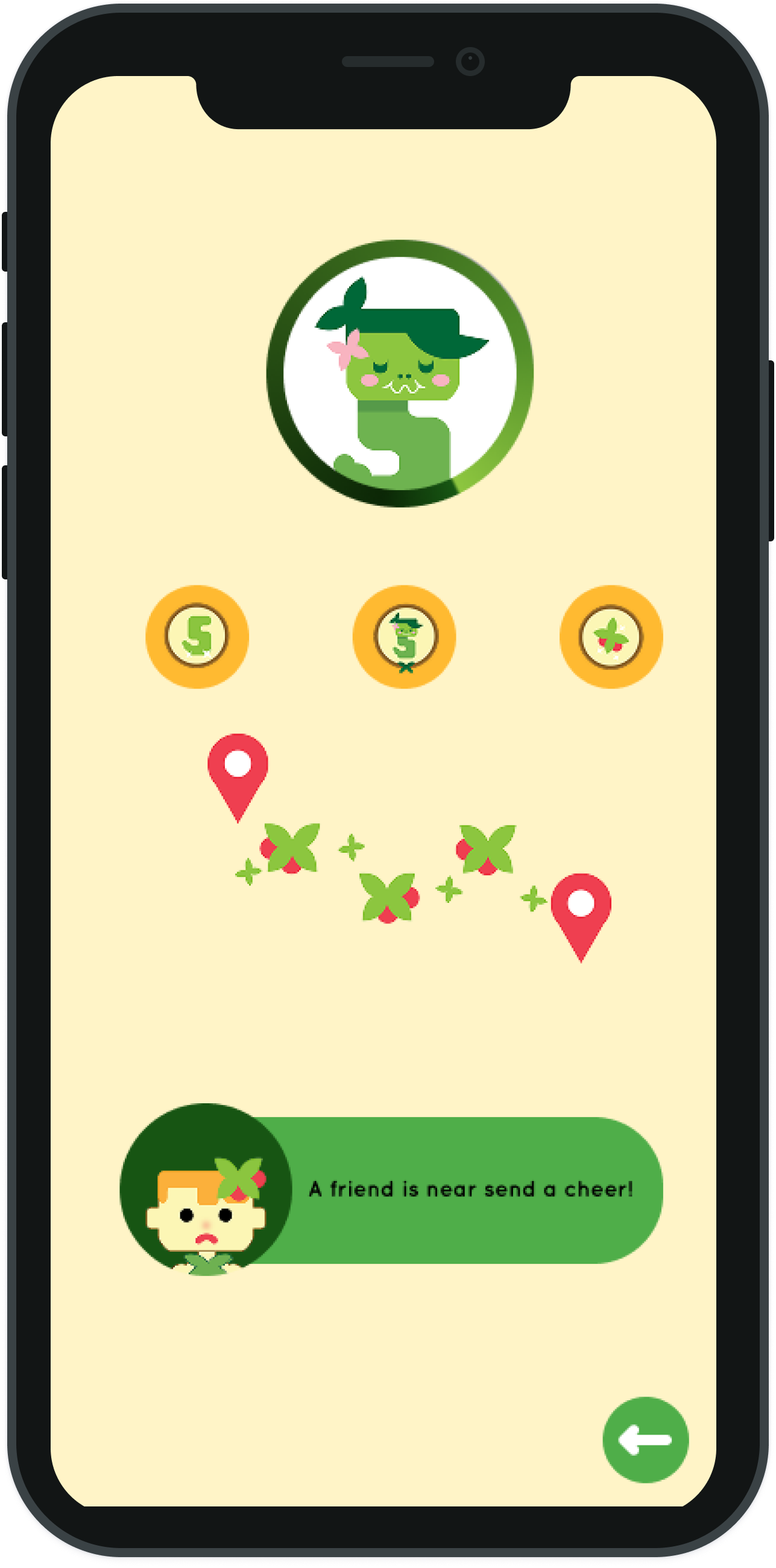 Mobile phone screen with green character icons, a path marked by leaves and location pins, and text saying 'A friend is near send a cheer!'