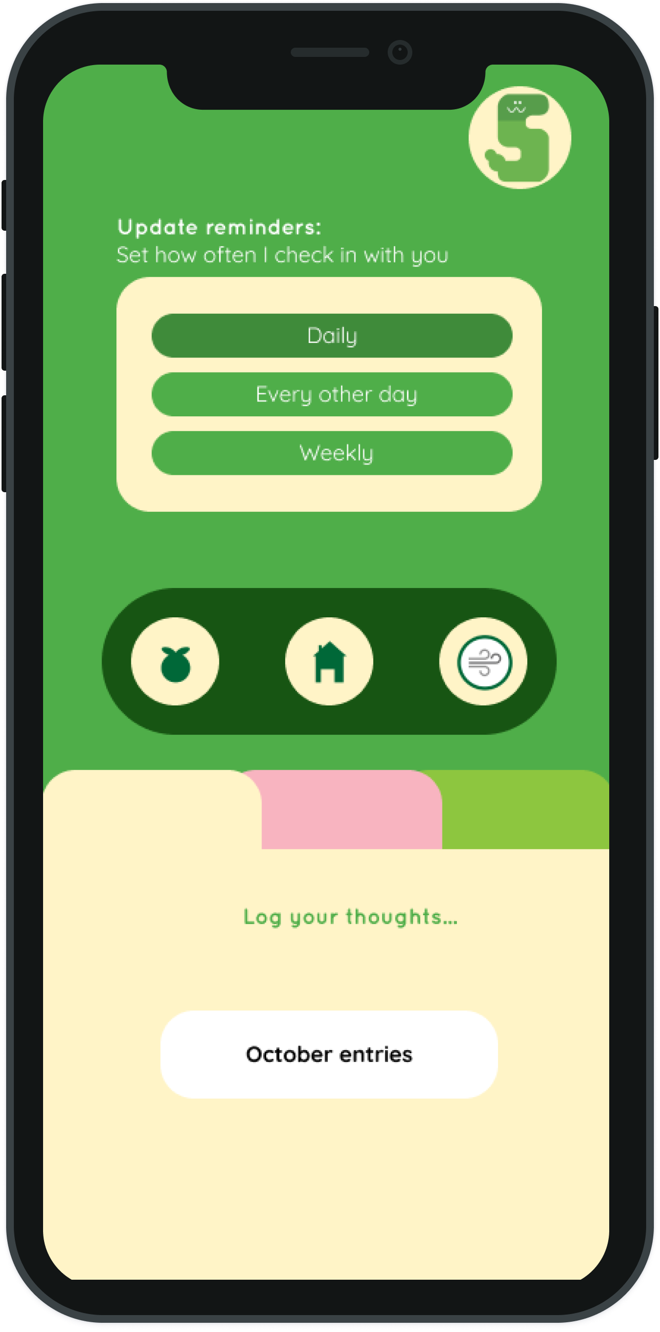 Mobile app screen with options to update reminders for daily, every other day, or weekly check-ins, icons for fruit, home, and wind, and a log section labeled 'October entries'.