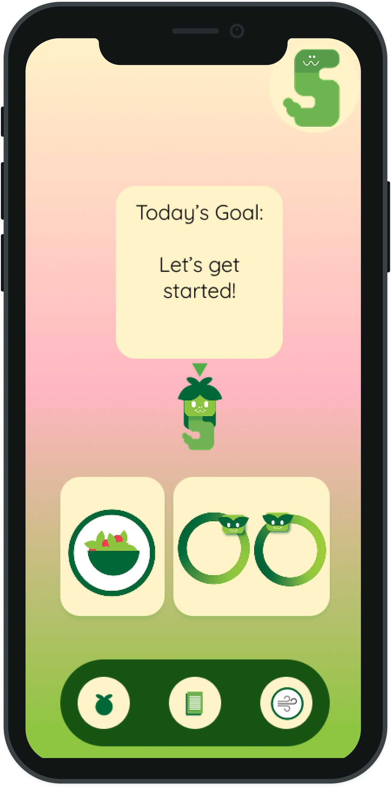 Mobile app screen with a green character below text saying 'Today's Goal: Let's get started!' and controls showing a salad bowl icon and two snake-themed progress rings.