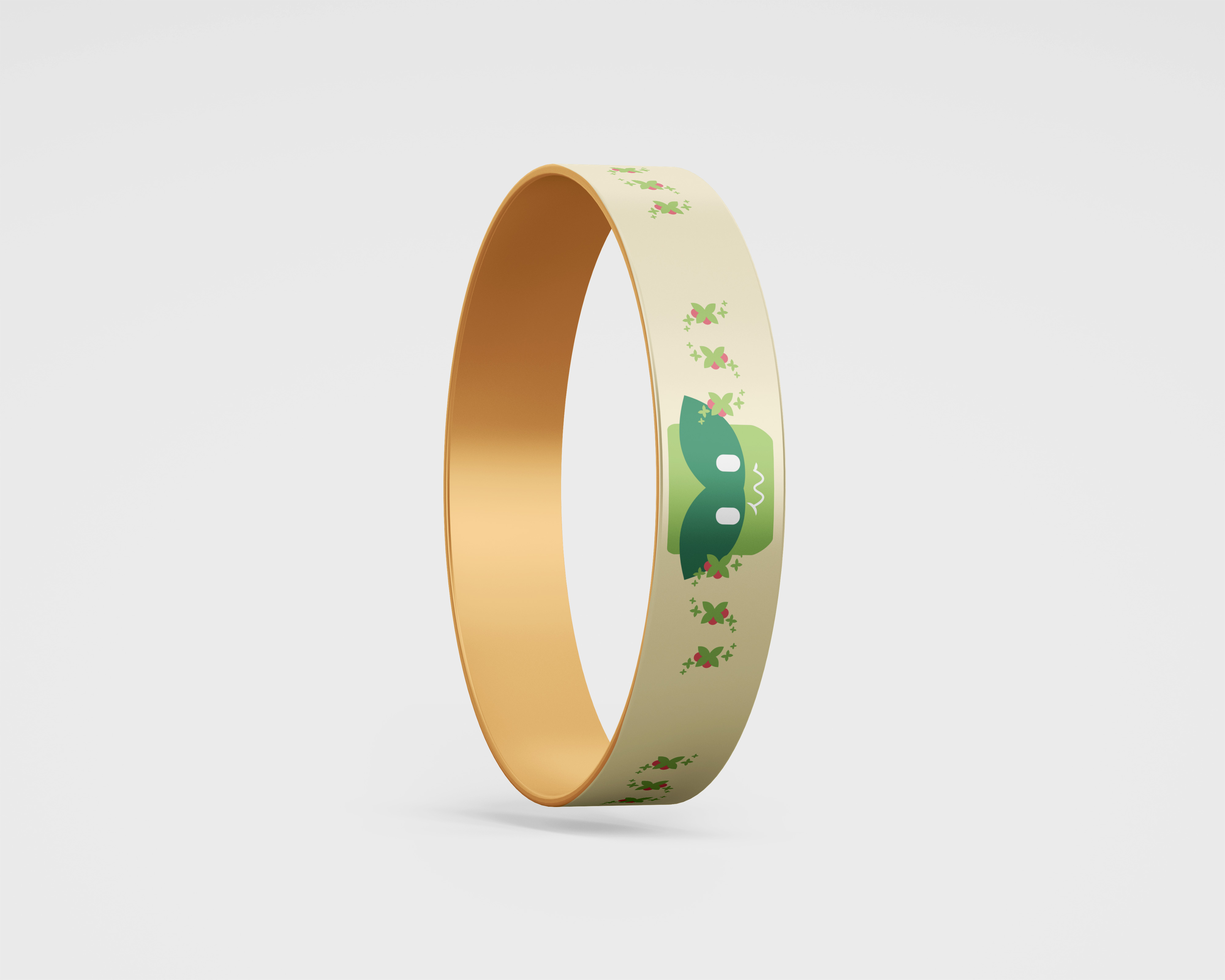 Cream-colored bracelet with a green cartoon cat face and small floral patterns.