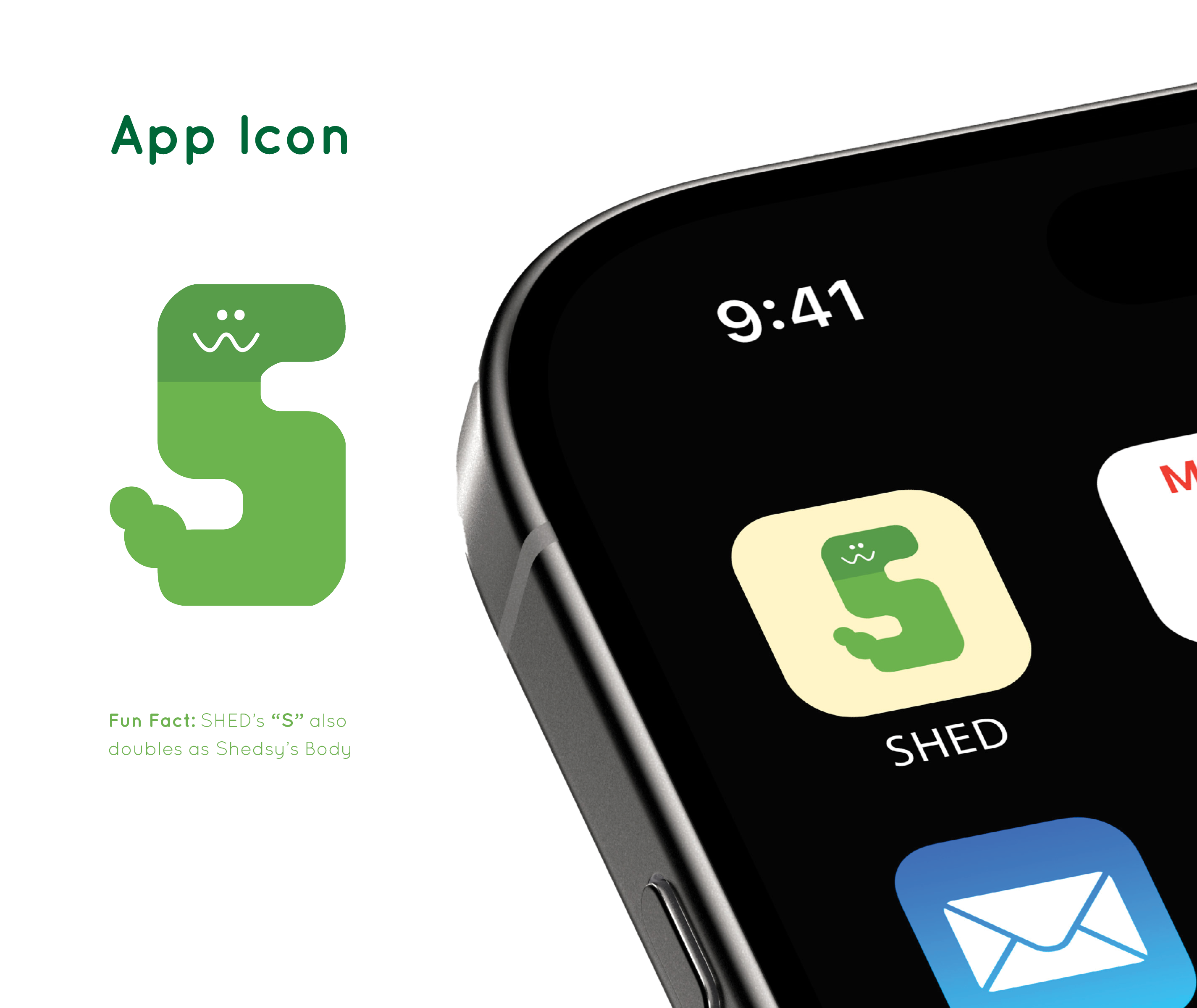 Green stylized 'S' app icon shaped like a cartoon character with eyes and a wavy mouth, shown on a phone screen with the label 'SHED'.