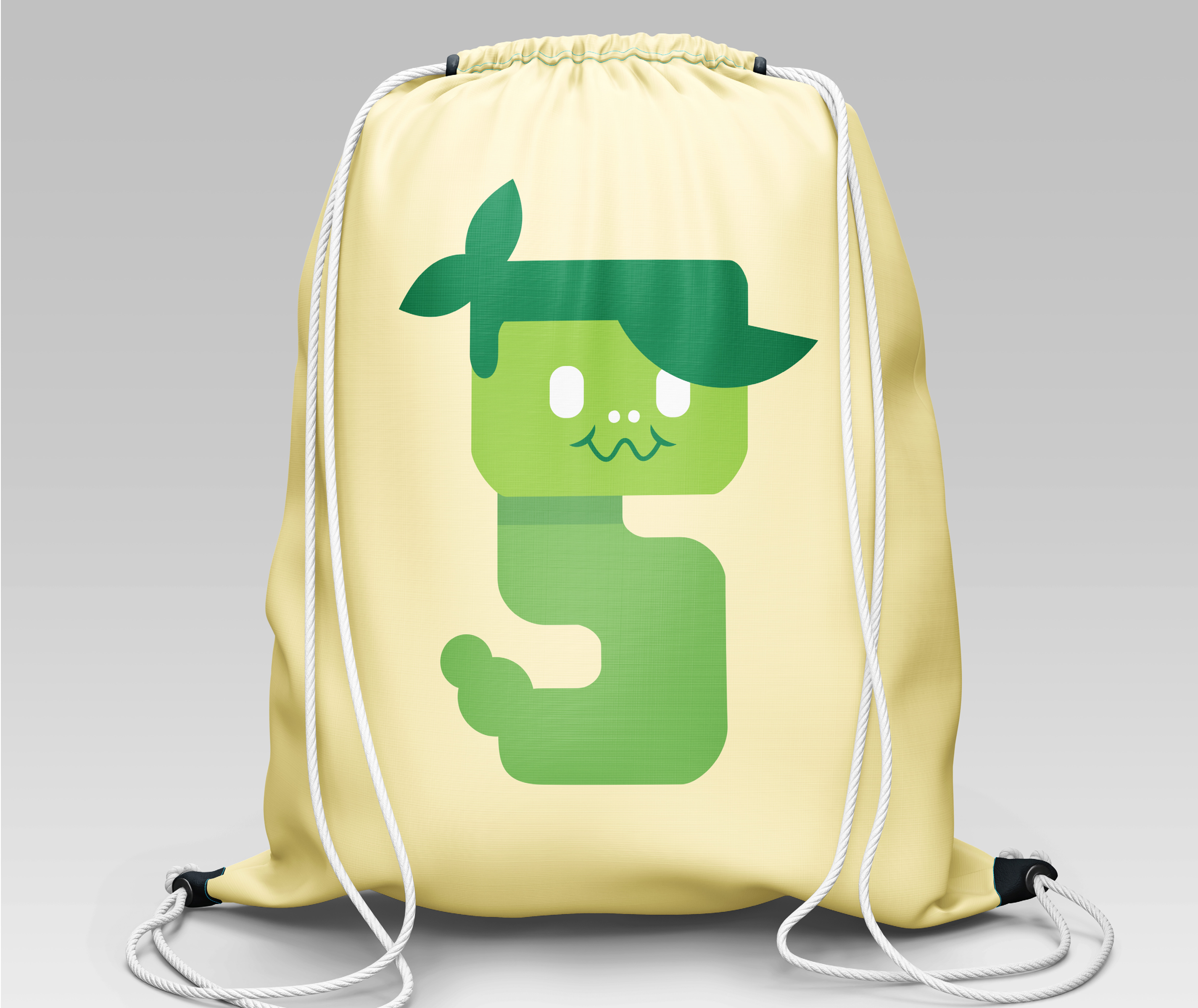 Cream drawstring bag featuring a green cartoon number 5 with a cute face and leafy hair.