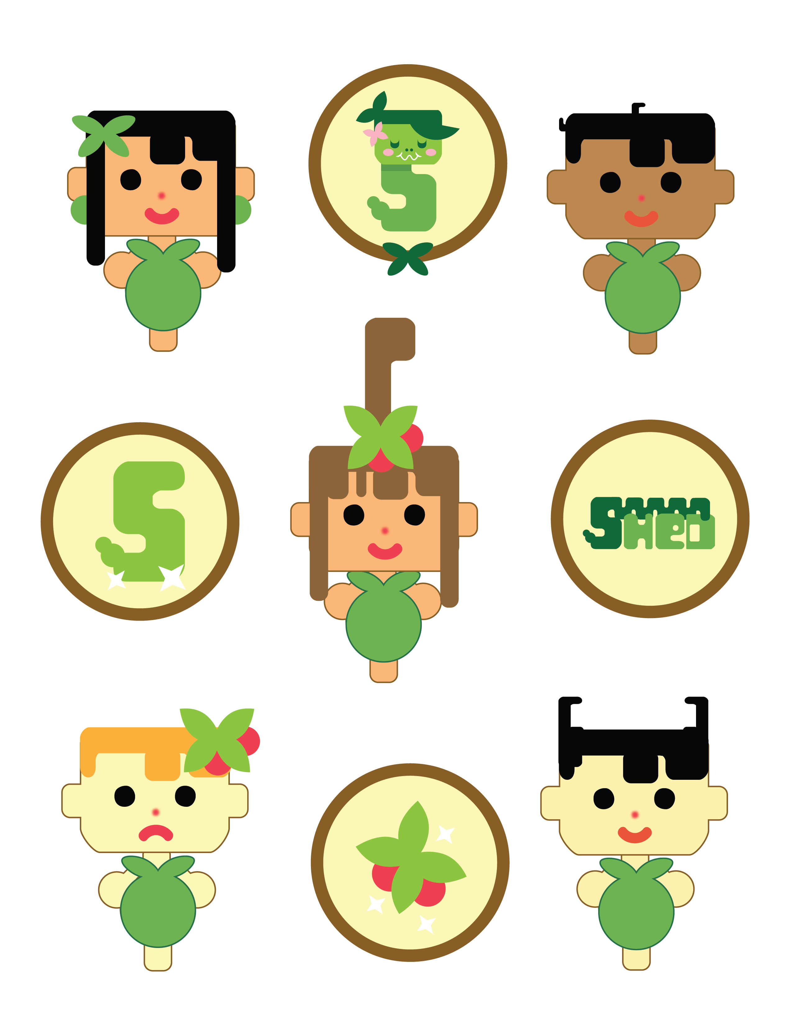 Sticker sheet featuring eight cute cartoon characters with green leafy outfits and decorative icons including a green snake, a stylized number 5, and a logo reading '5M2D'.