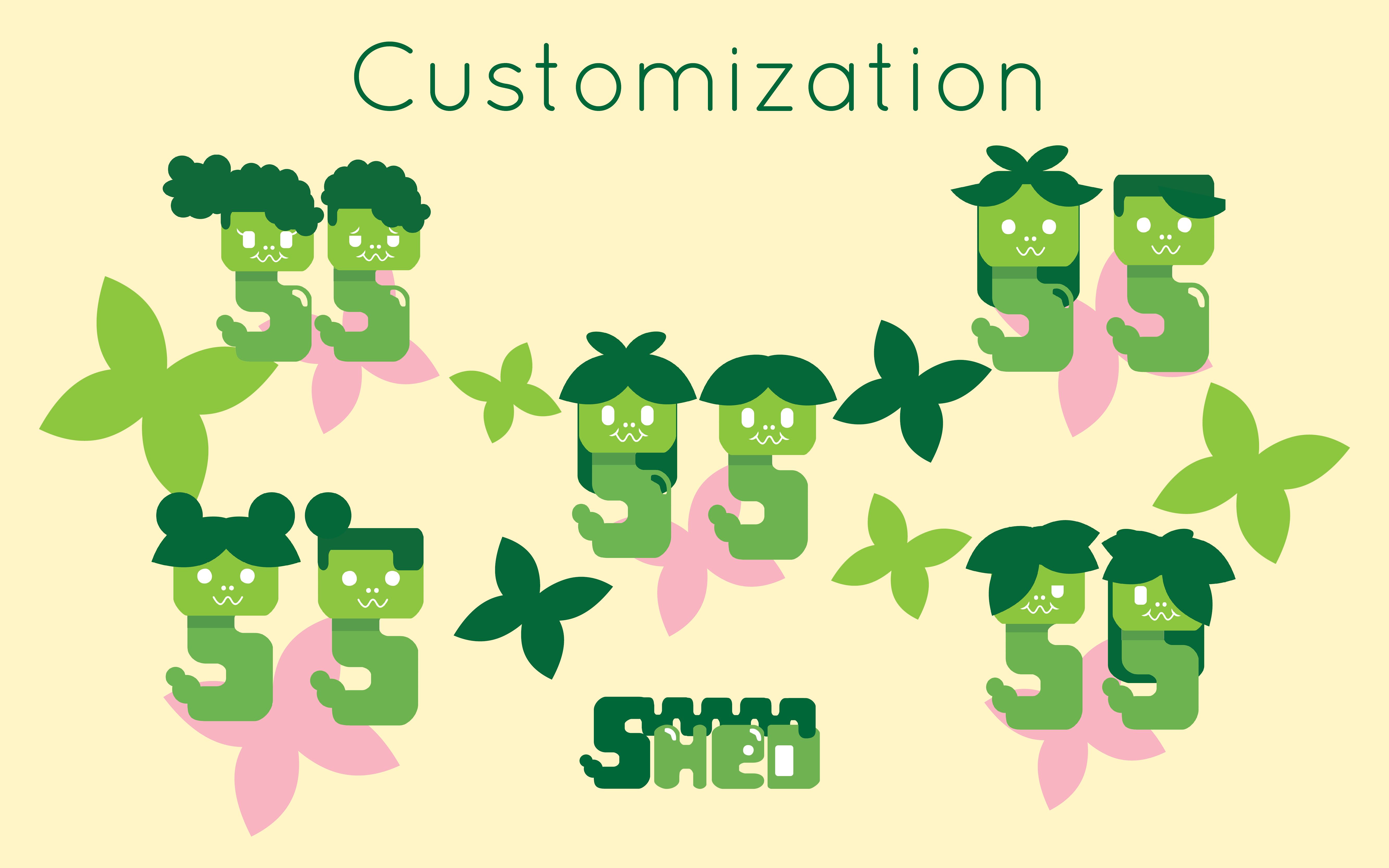 Illustration titled Customization showing six pairs of green caterpillar characters with different leaf-shaped hairstyles on pale background with decorative leaves.