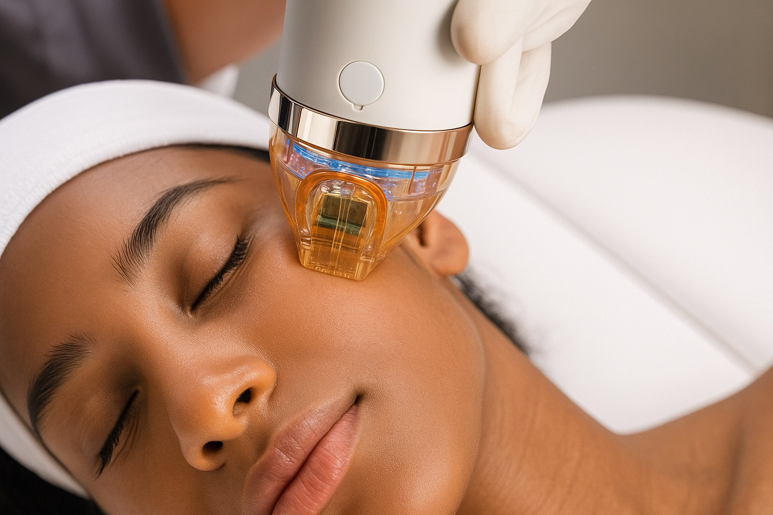 Close-up of a woman receiving a RF (radio frequency) microneedling on her face. A professional wearing gloves administers the treatment.