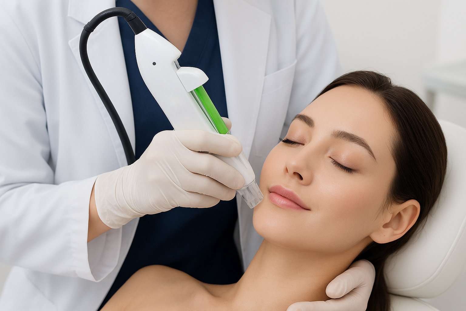 A woman with closed eyes receives mesotherapy skin booster. She appears relaxed, wearing a white headband. The doctor wears medical gloves.