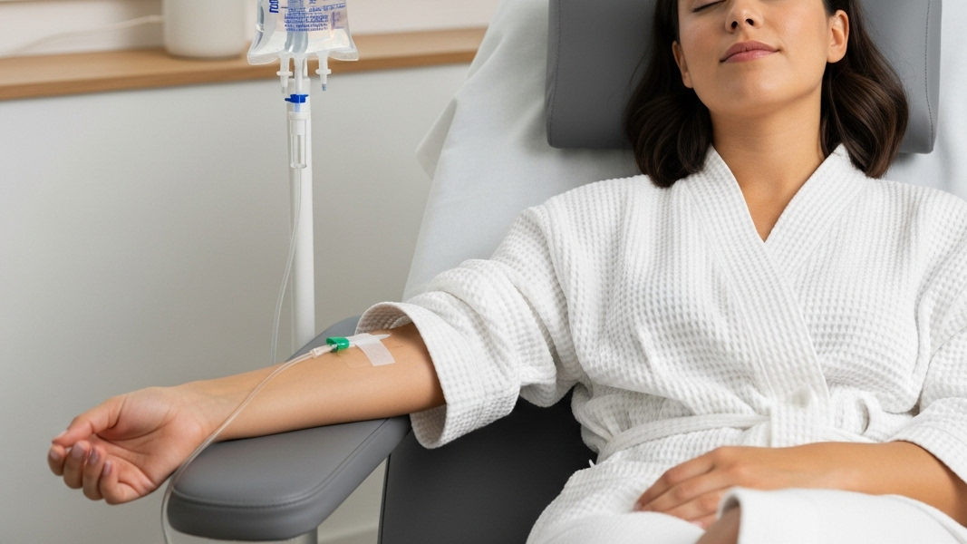 A woman in a white robe relaxes in a chair, receiving an NAD+ IV therapy drip in her arm.
