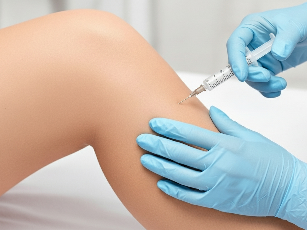 Gloved hands administer an injection into a leg with varicose veins, highlighting a sclerotherapy procedure aimed at treating vein issues.